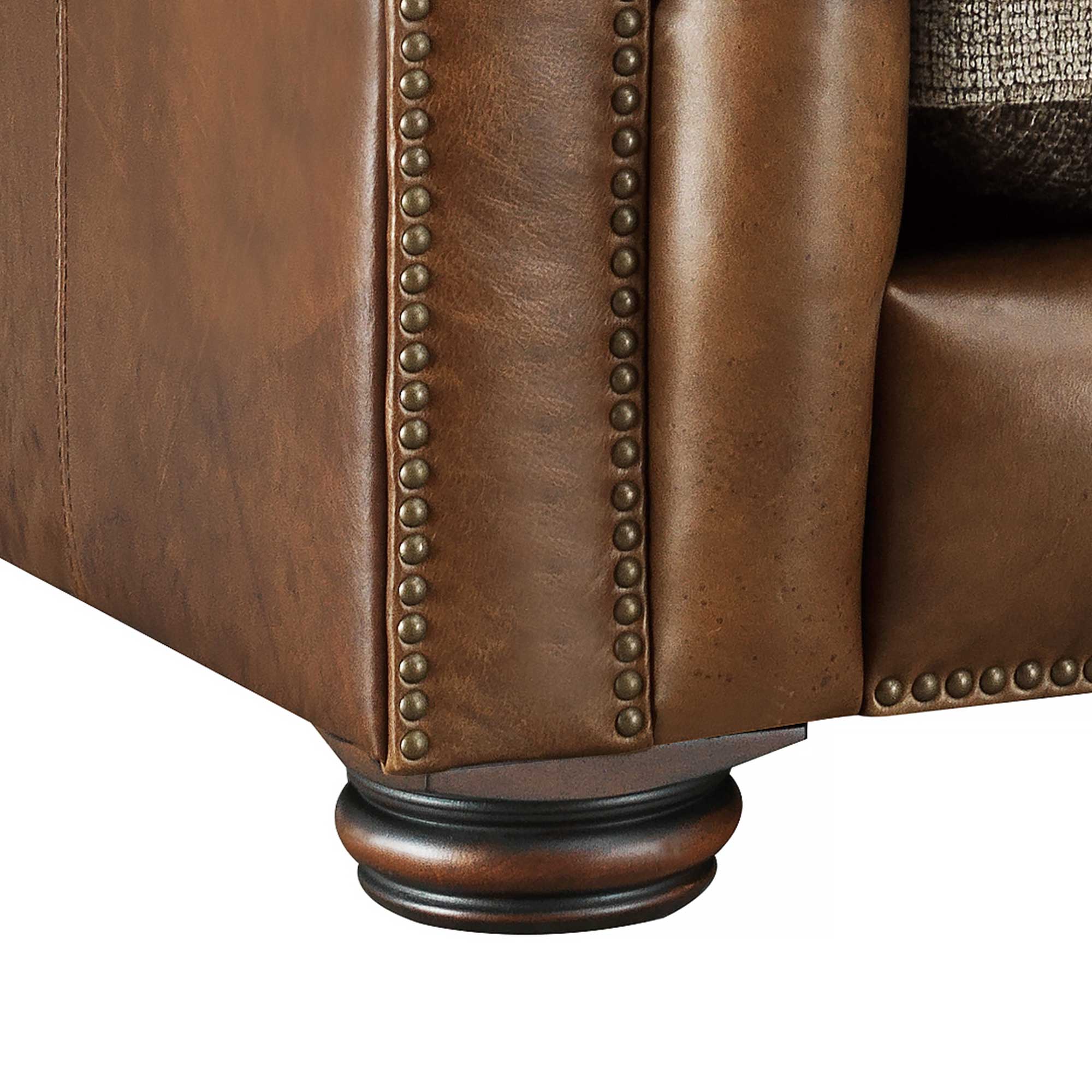 Taunton Brown Leather 3.5 Seater Sofa with Fabric Seat Cushions, In Roaming Valley body, Antique Brass Studs