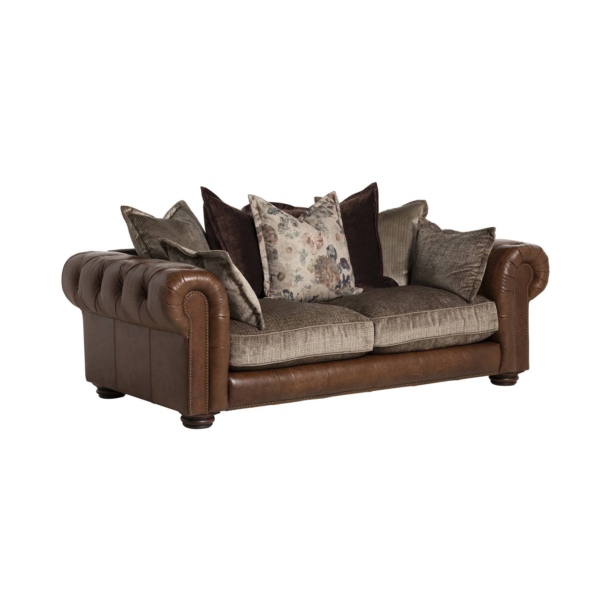 Taunton Brown Leather 3 Seater Sofa with Fabric Seat Cushions, In Roaming Valley body, Antique Brass Studs
