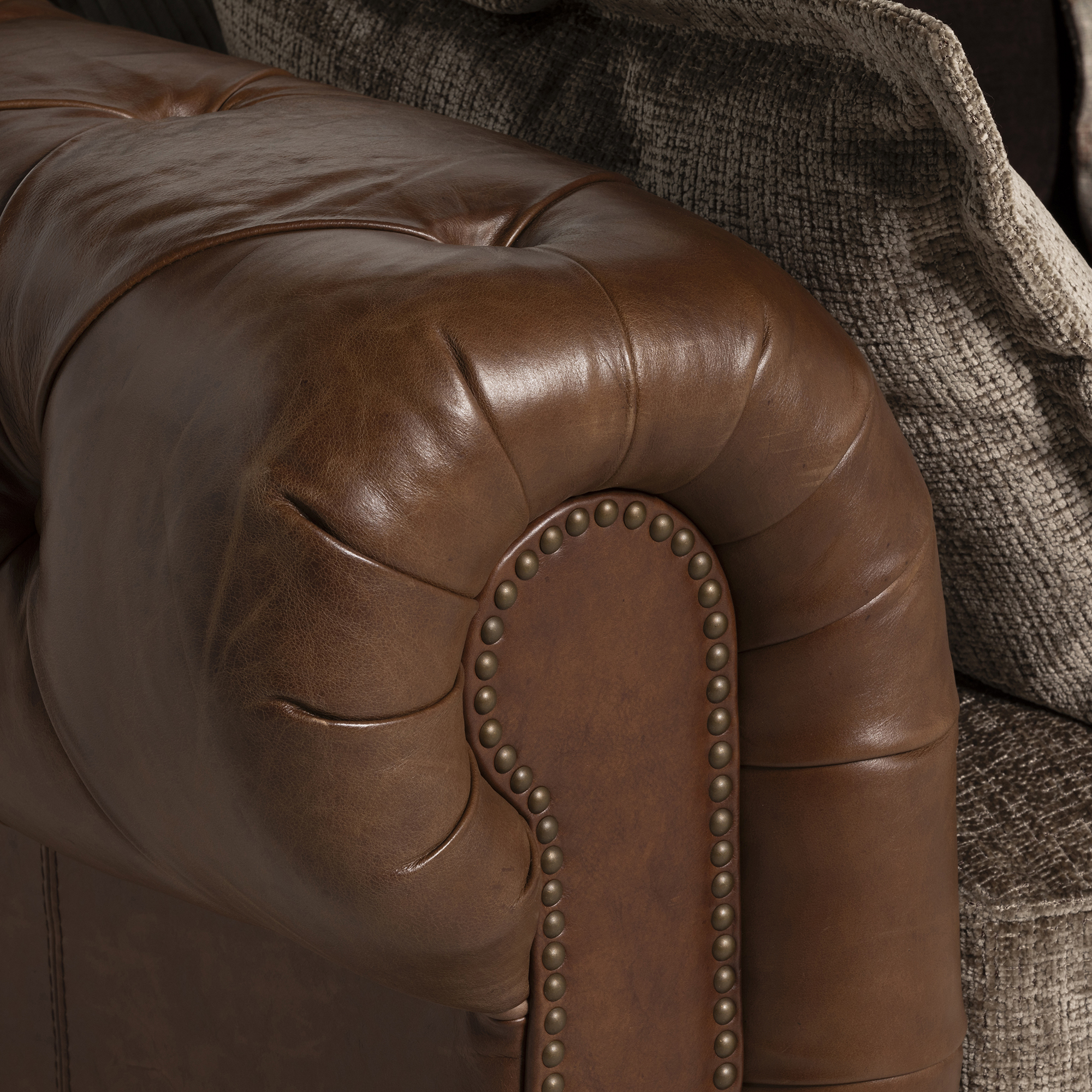 Taunton Brown Leather 3 Seater Sofa with Fabric Seat Cushions, In Roaming Valley body, Antique Brass Studs