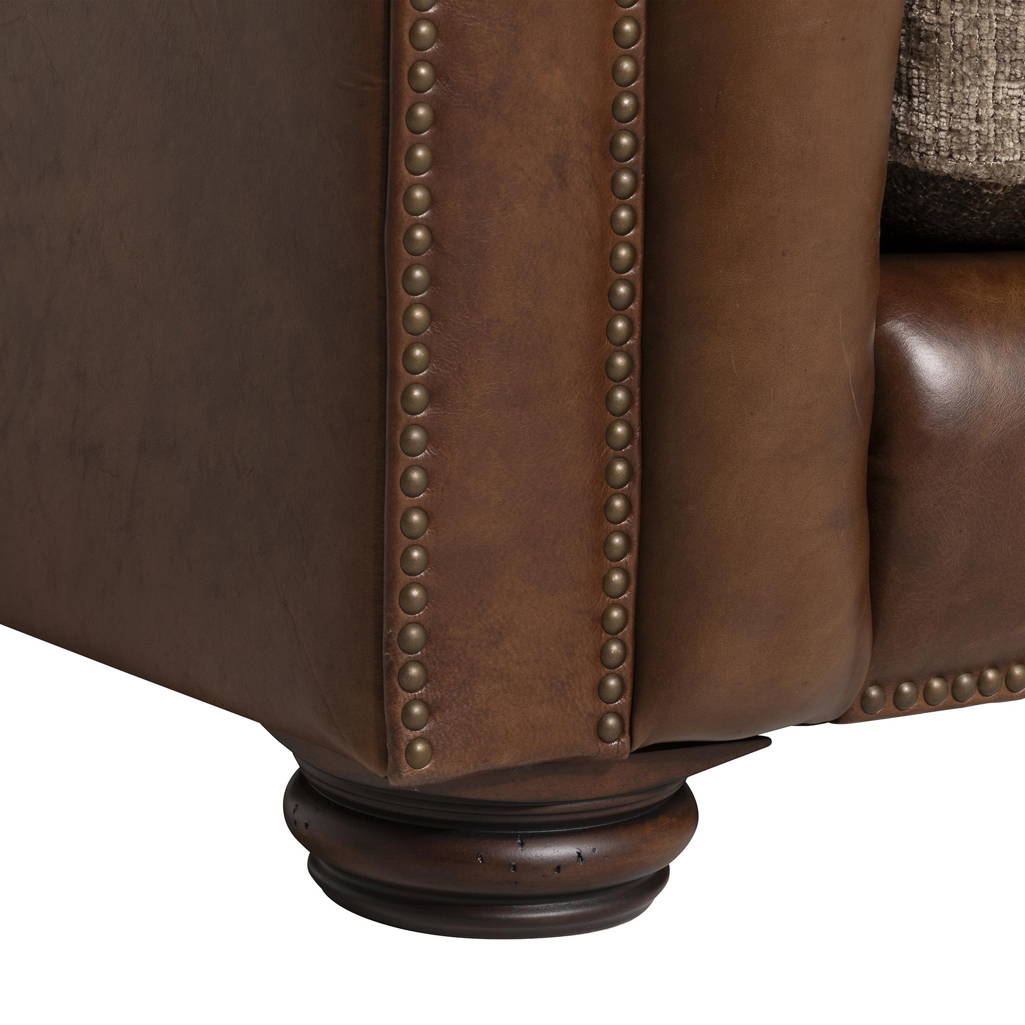 Taunton Brown Leather 3 Seater Sofa with Fabric Seat Cushions, In Roaming Valley body, Antique Brass Studs