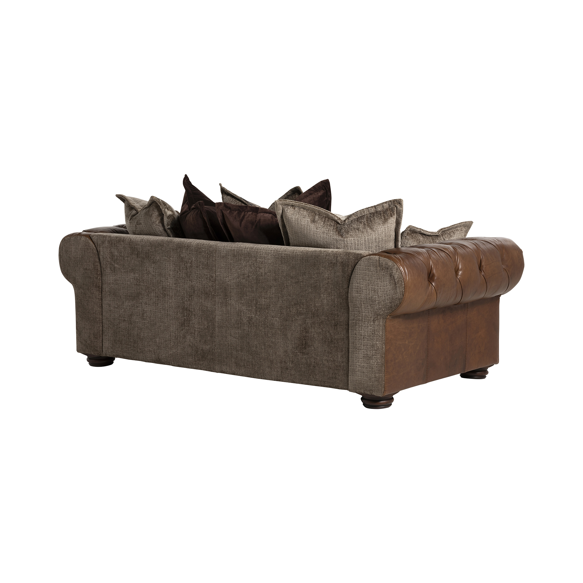 Taunton Brown Leather 3 Seater Sofa with Fabric Seat Cushions, In Roaming Valley body, Antique Brass Studs
