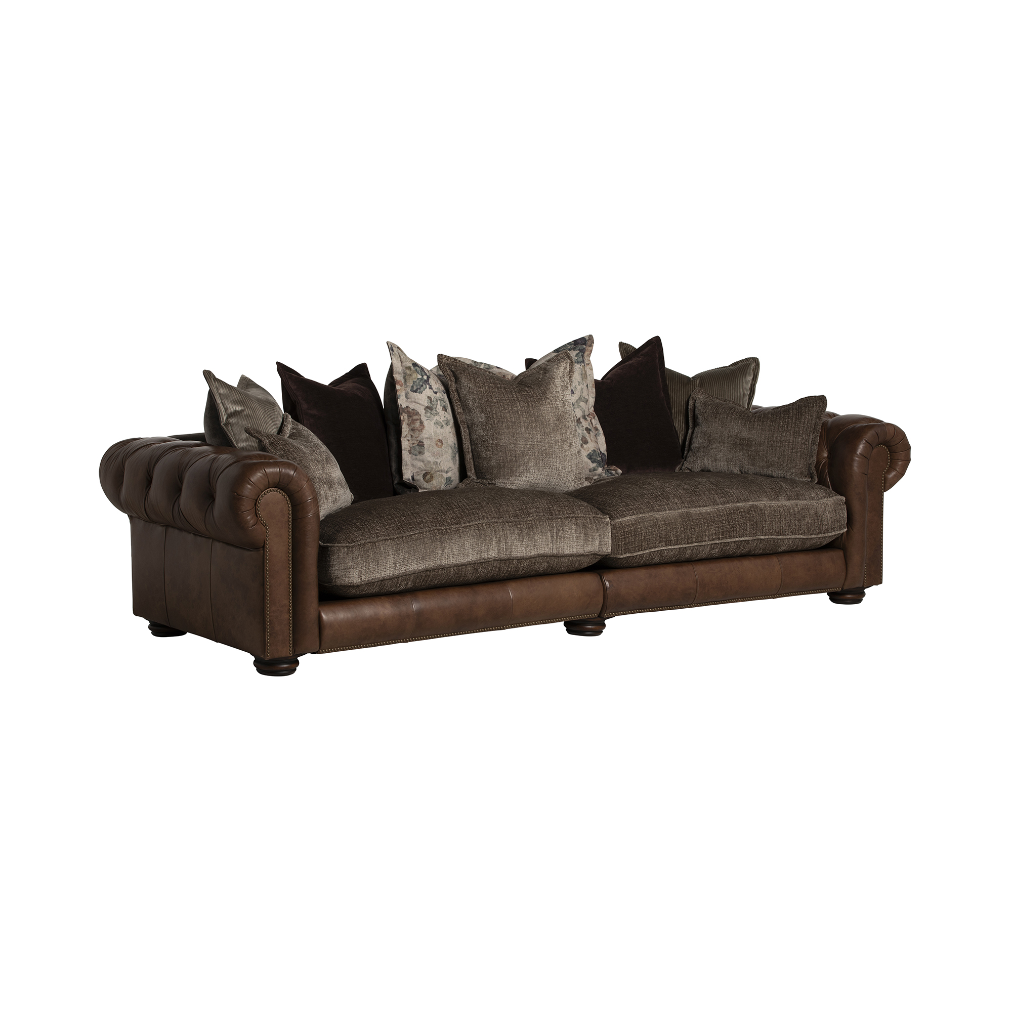 Taunton Brown Leather 4 Seater Sofa with Fabric Seat Cushions, In Roaming Valley body, Antique Brass Studs