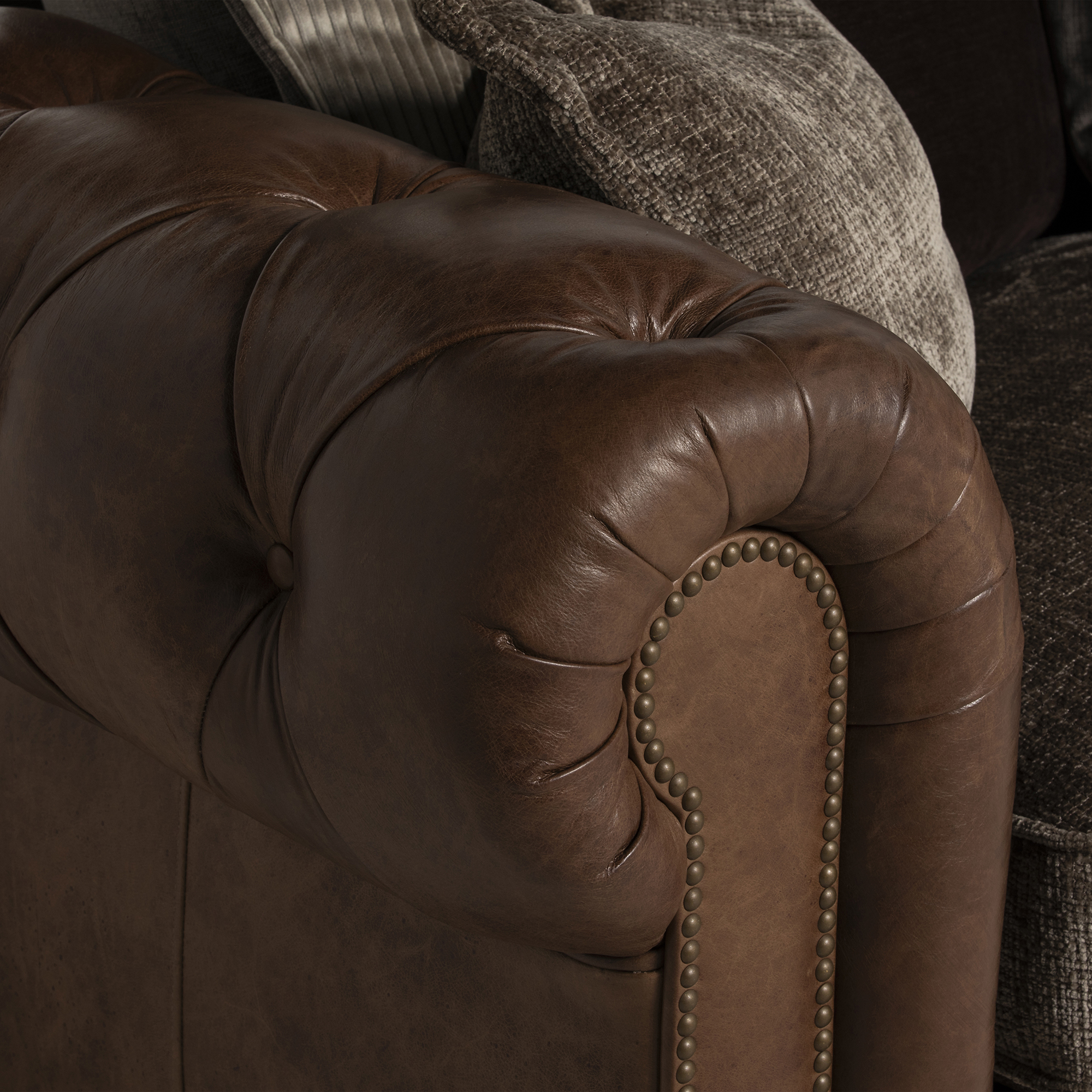 Taunton Brown Leather 4 Seater Sofa with Fabric Seat Cushions, In Roaming Valley body, Antique Brass Studs