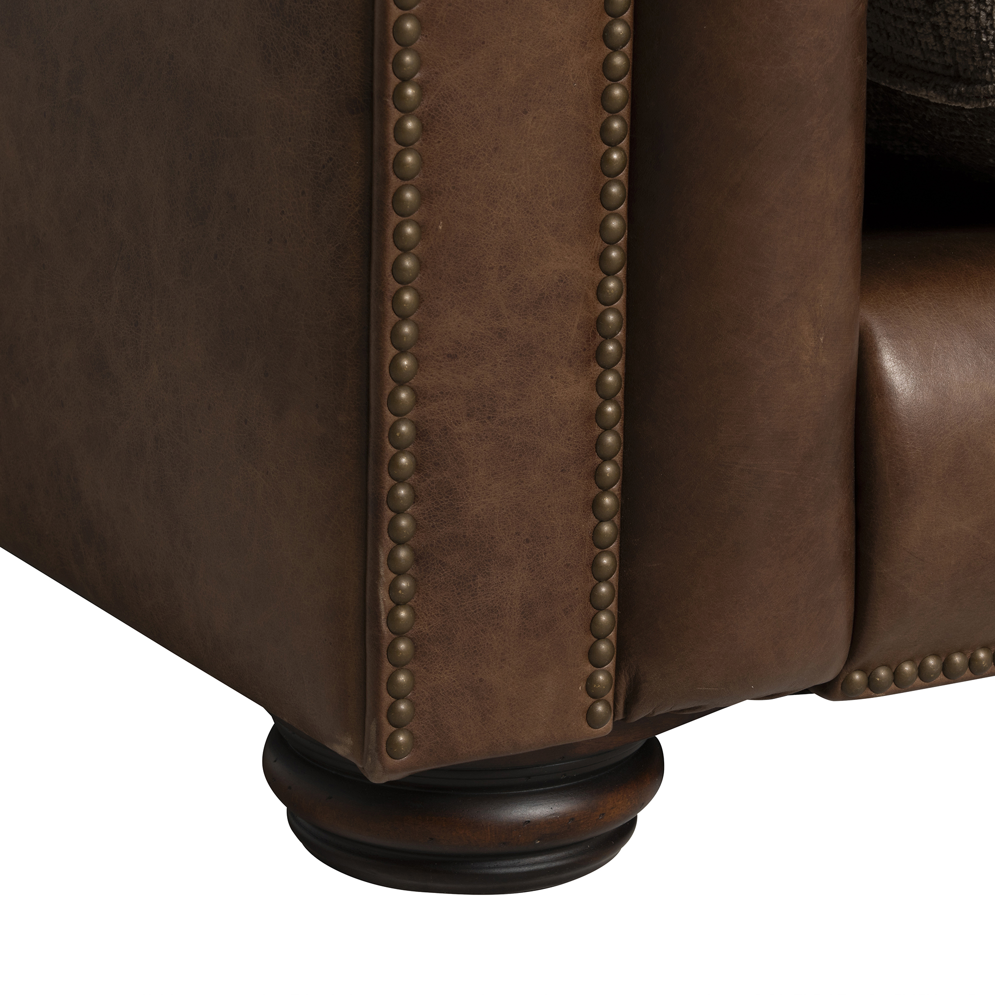 Taunton Brown Leather 4 Seater Sofa with Fabric Seat Cushions, In Roaming Valley body, Antique Brass Studs