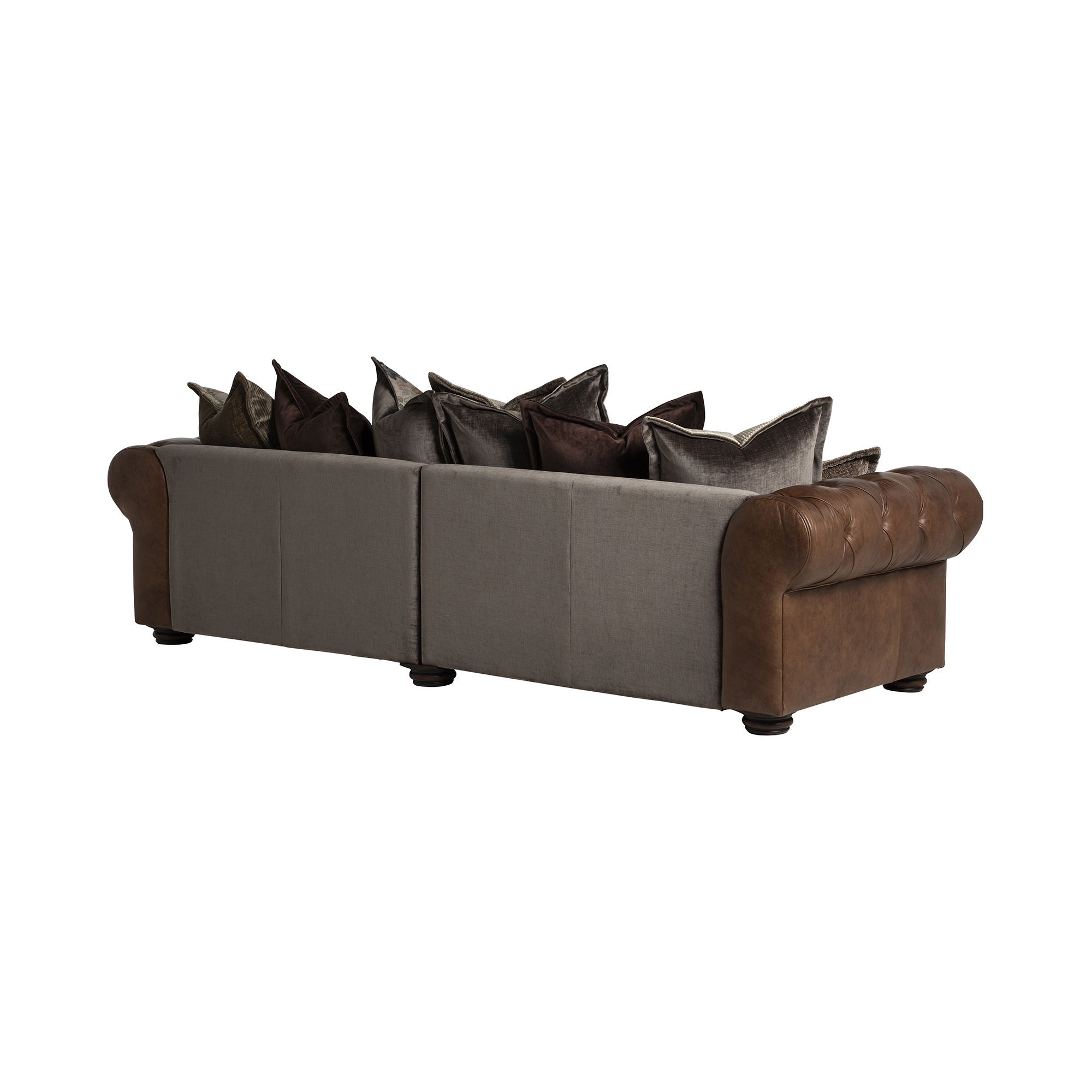 Taunton Brown Leather 4 Seater Sofa with Fabric Seat Cushions, In Roaming Valley body, Antique Brass Studs