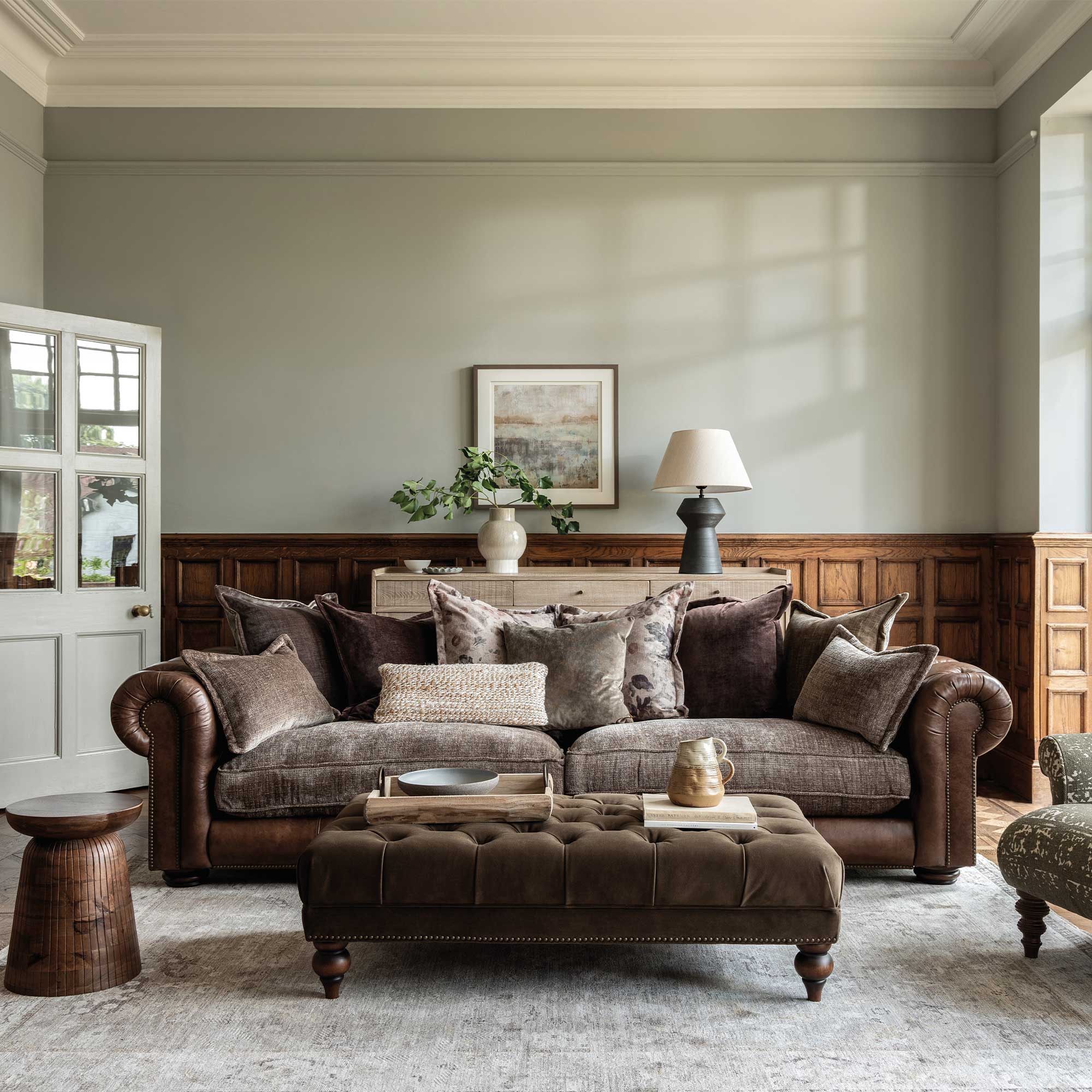 Taunton Brown Leather 4 Seater Sofa with Fabric Seat Cushions, In Roaming Valley body, Antique Brass Studs