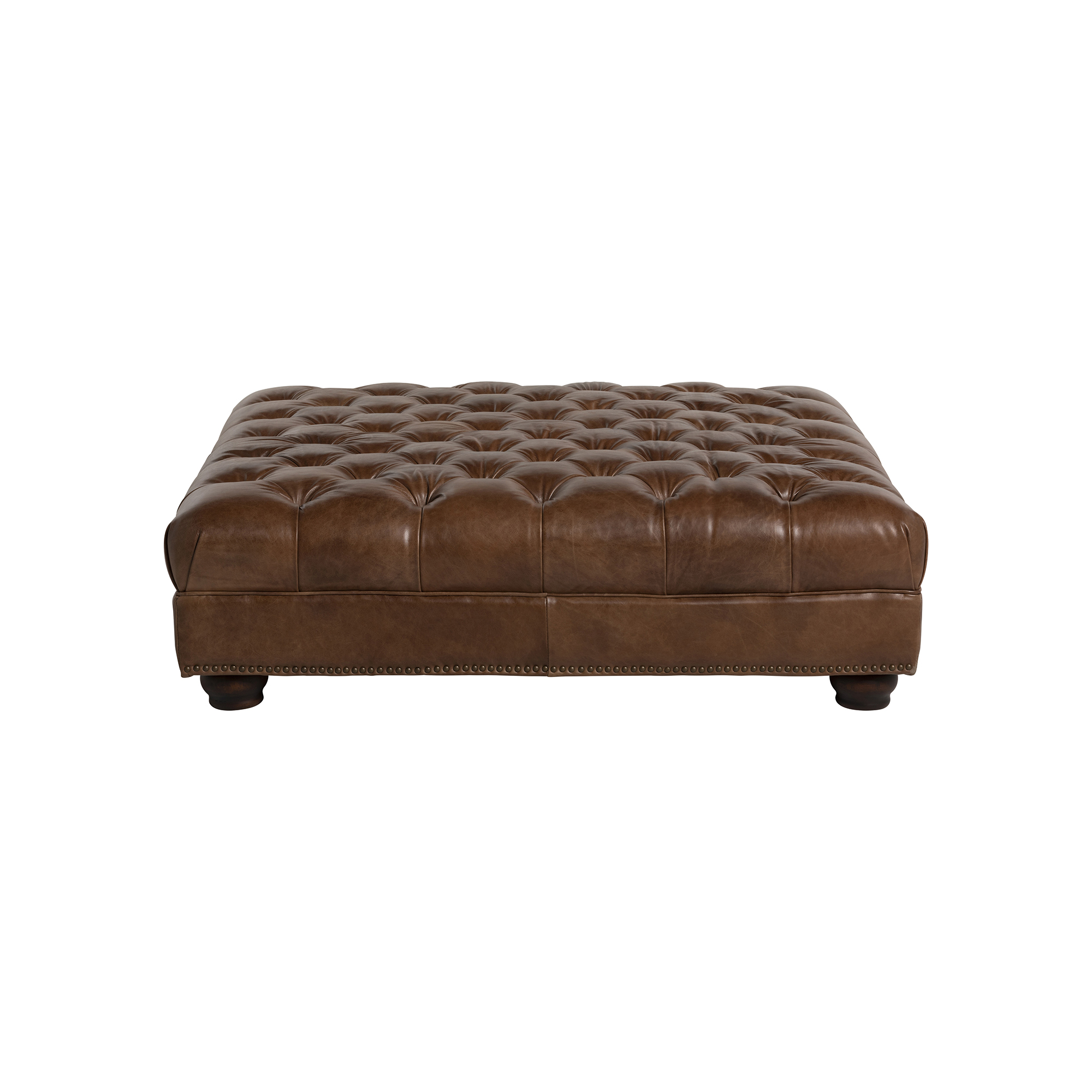 Taunton Brown Leather Footstool, In Roaming Valley body, Antique Brass Studs