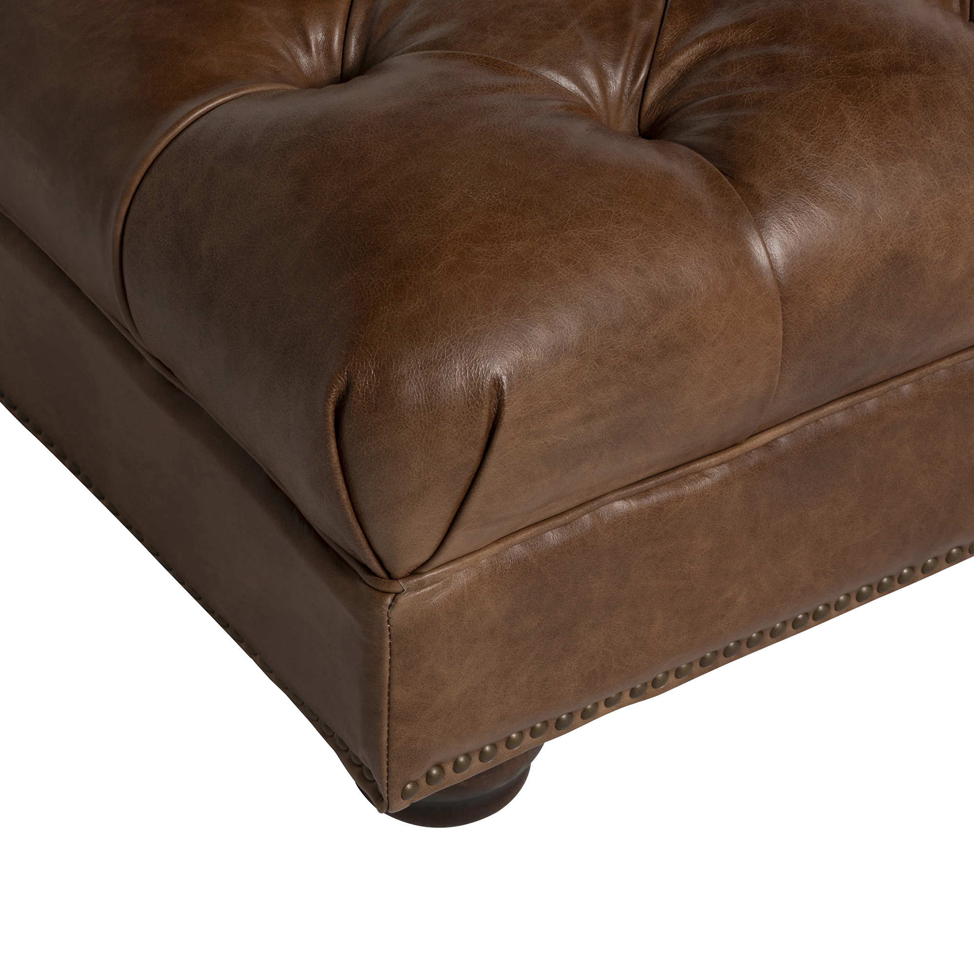 Taunton Brown Leather Footstool, In Roaming Valley body, Antique Brass Studs