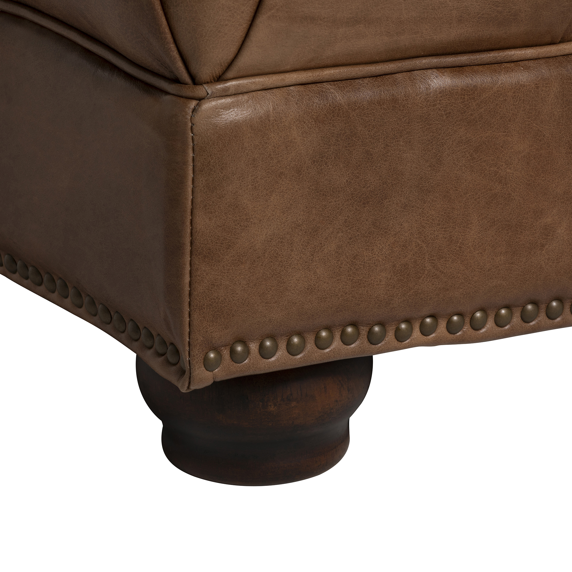 Taunton Brown Leather Footstool, In Roaming Valley body, Antique Brass Studs