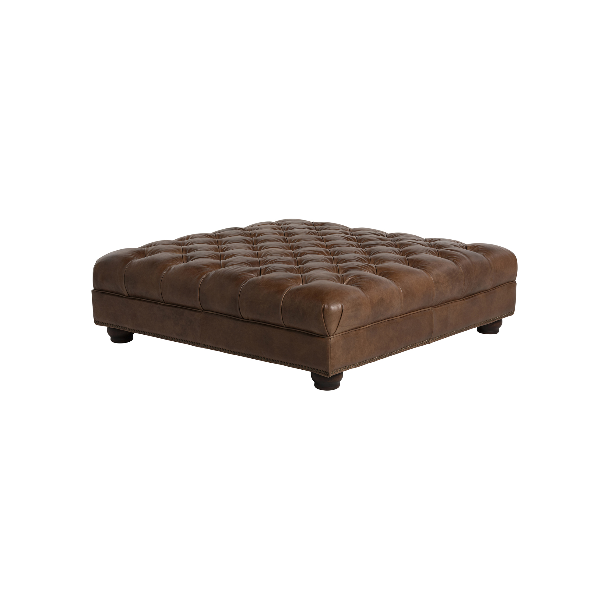 Taunton Brown Leather Footstool, In Roaming Valley body, Antique Brass Studs