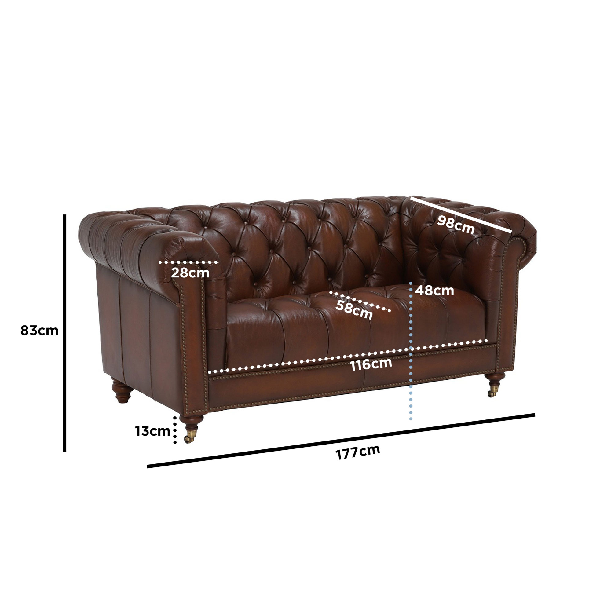 Ullswater Leather Chesterfield 2 Seater Sofa, Vintage Tabac Brown Body, Brass Studs