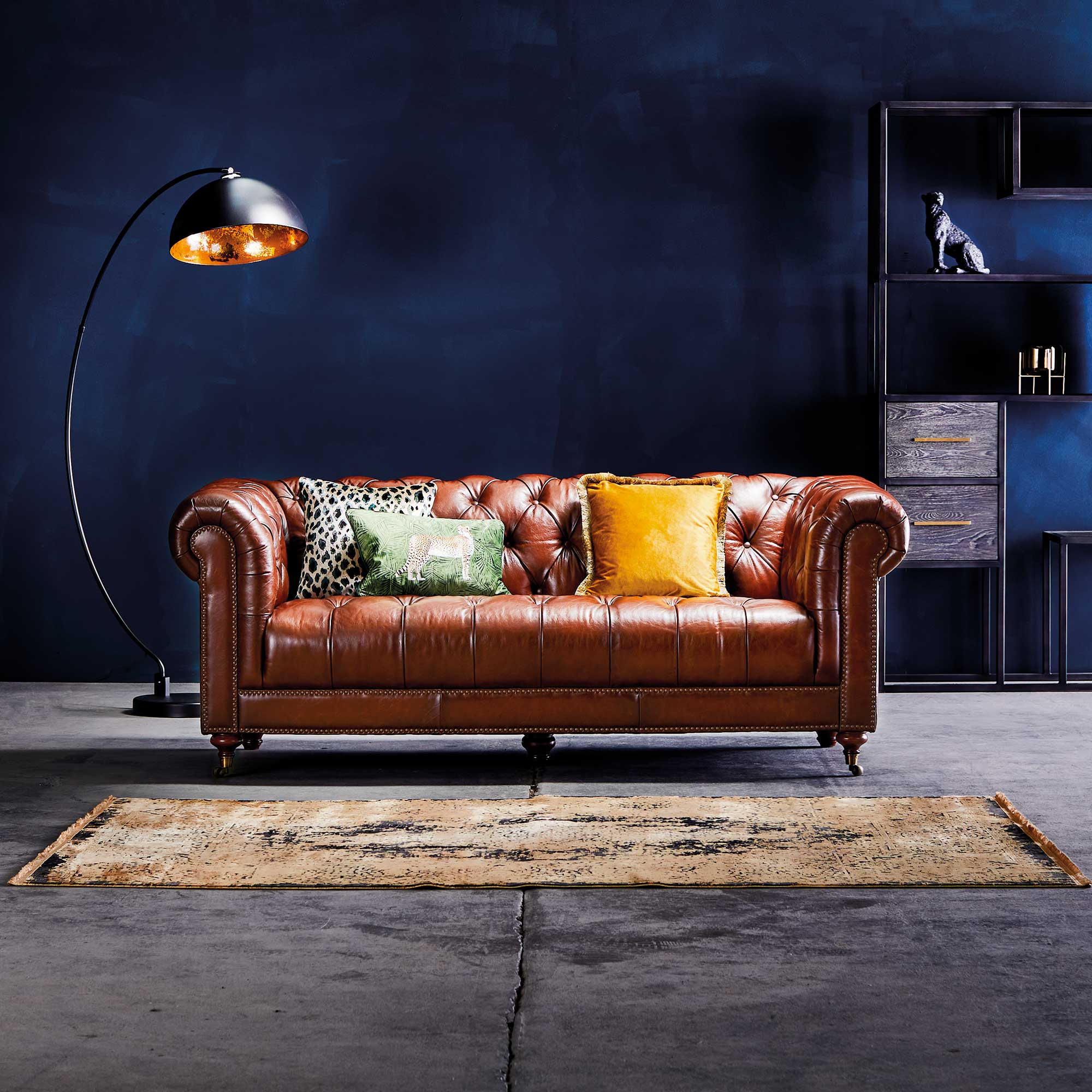 Ullswater Leather Chesterfield 3 Seater Sofa, Vintage Tabac Brown Body, Brass Studs