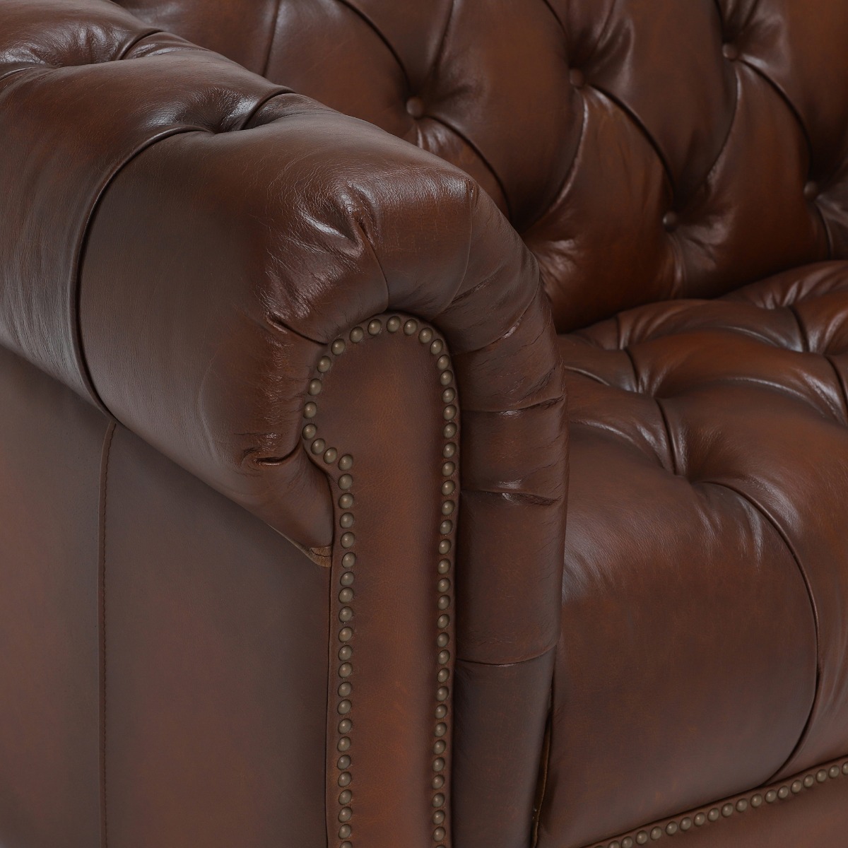 Ullswater Leather Chesterfield 2 Seater Sofa, Vintage Tabac Brown Body, Brass Studs
