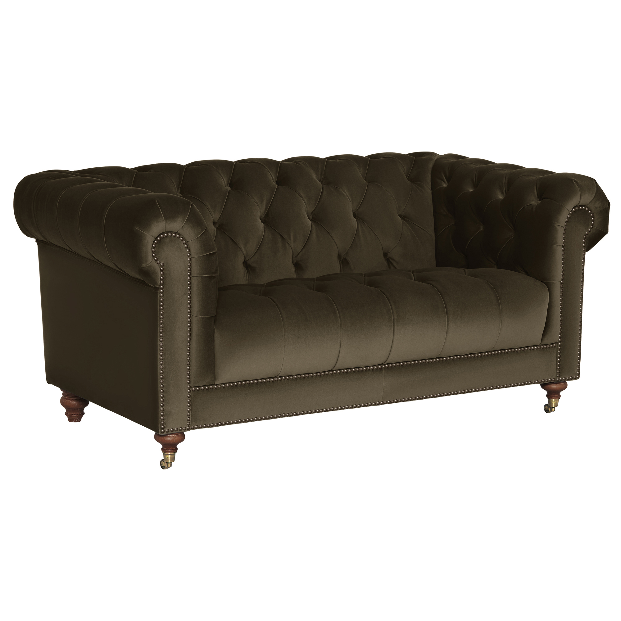 Ullswater Green Velvet Chesterfield 2 Seater Sofa, Aegean Olive Body, Brass Studs