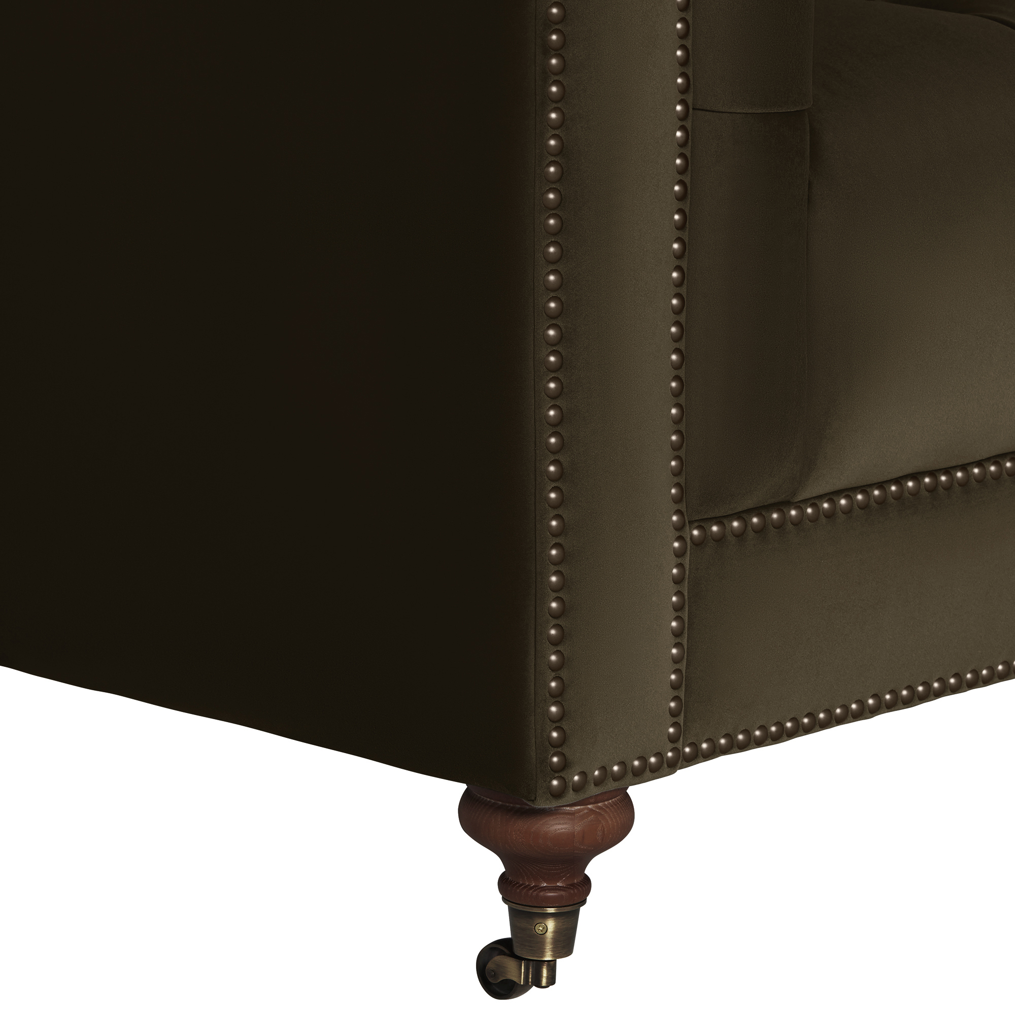 Ullswater Green Velvet Chesterfield 2 Seater Sofa, Aegean Olive Body, Brass Studs