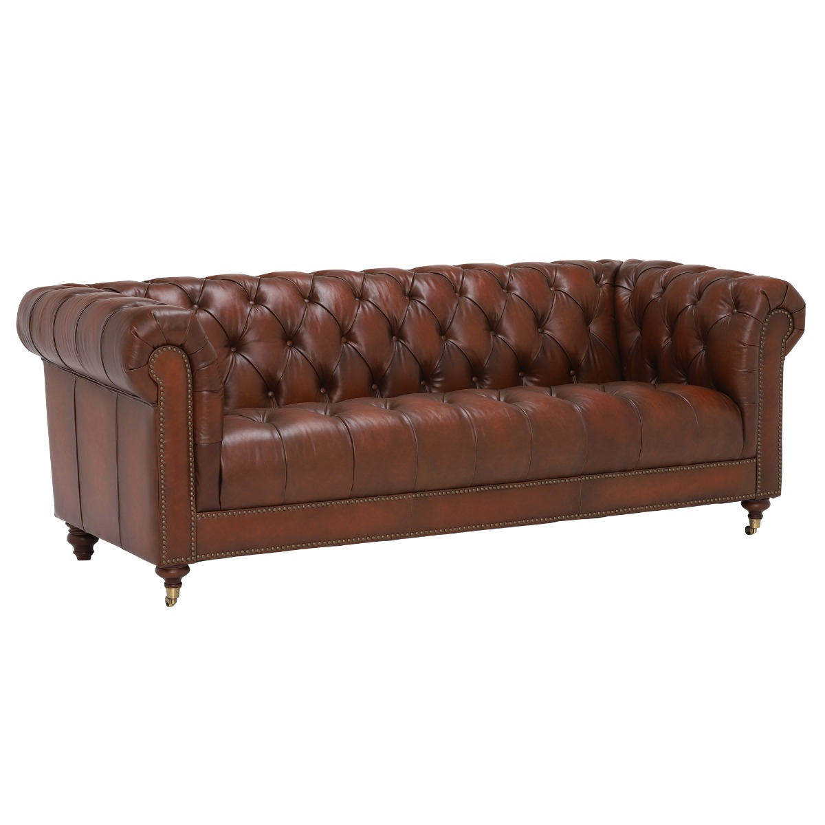 Ullswater Leather Chesterfield 3.5 Seater Sofa, Vintage Tabac Body, Brass Studs