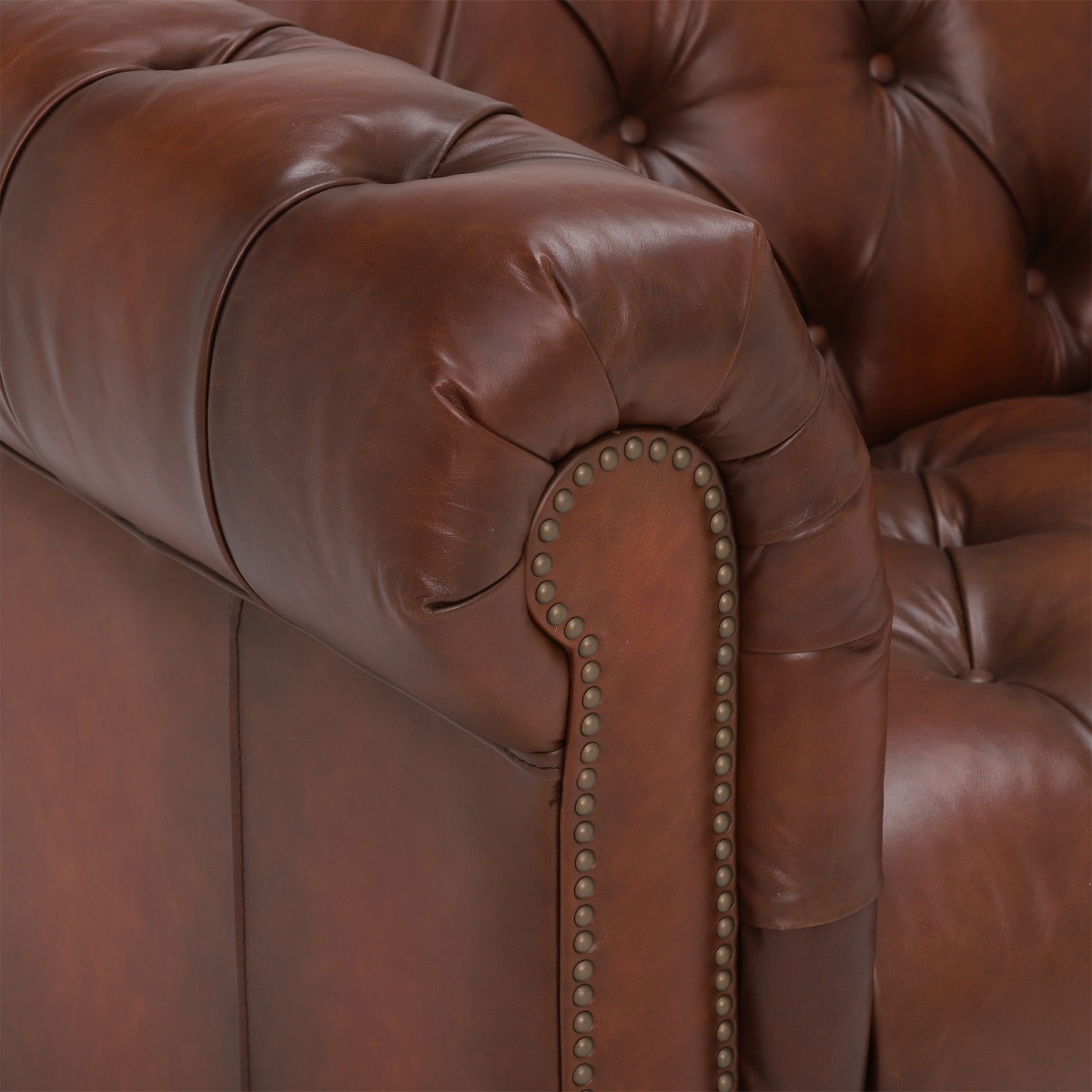 Ullswater Leather Chesterfield 3.5 Seater Sofa, Vintage Tabac Body, Brass Studs