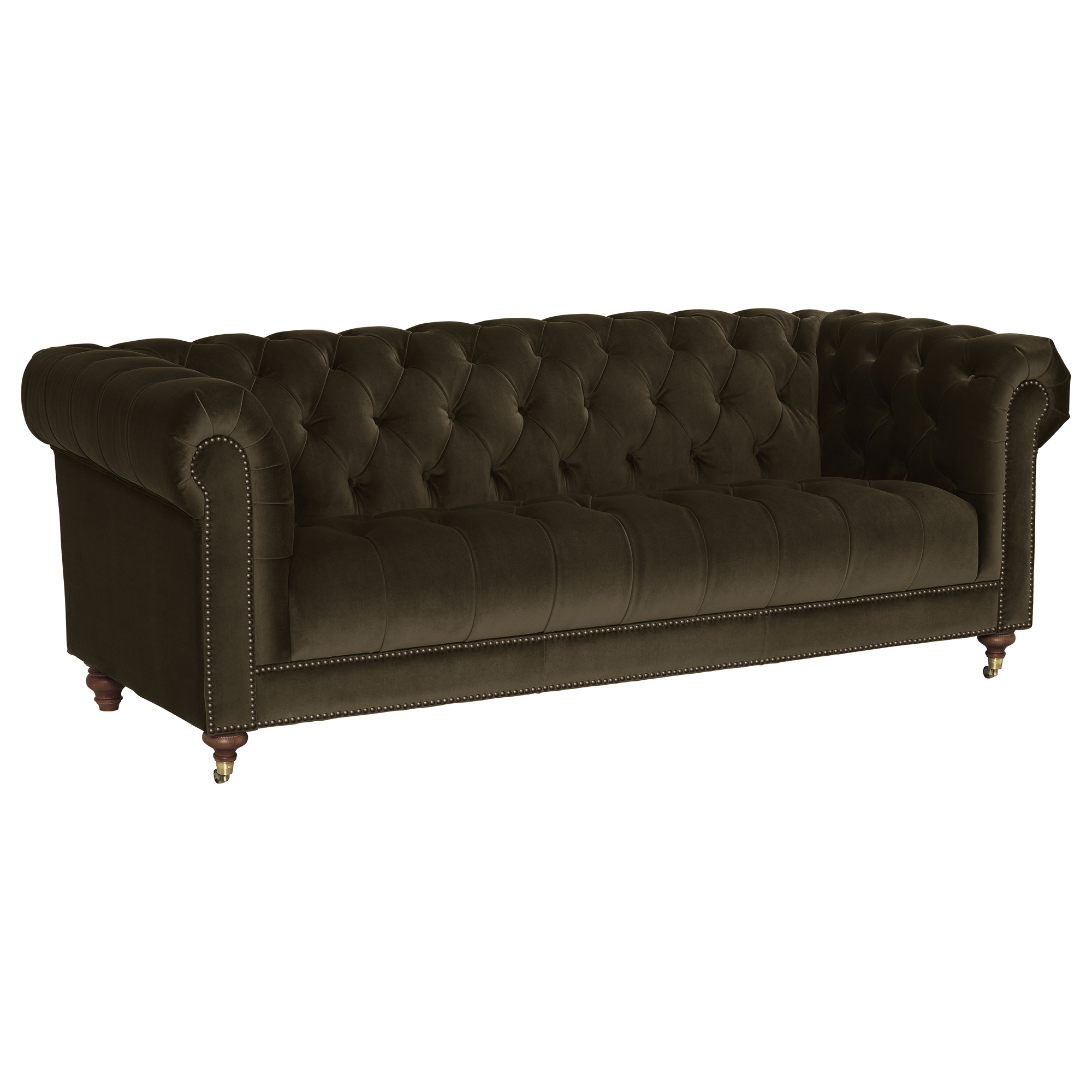 Ullswater Green Velvet Chesterfield 3.5 Seater Sofa, Aegean Olive Body, Brass Studs
