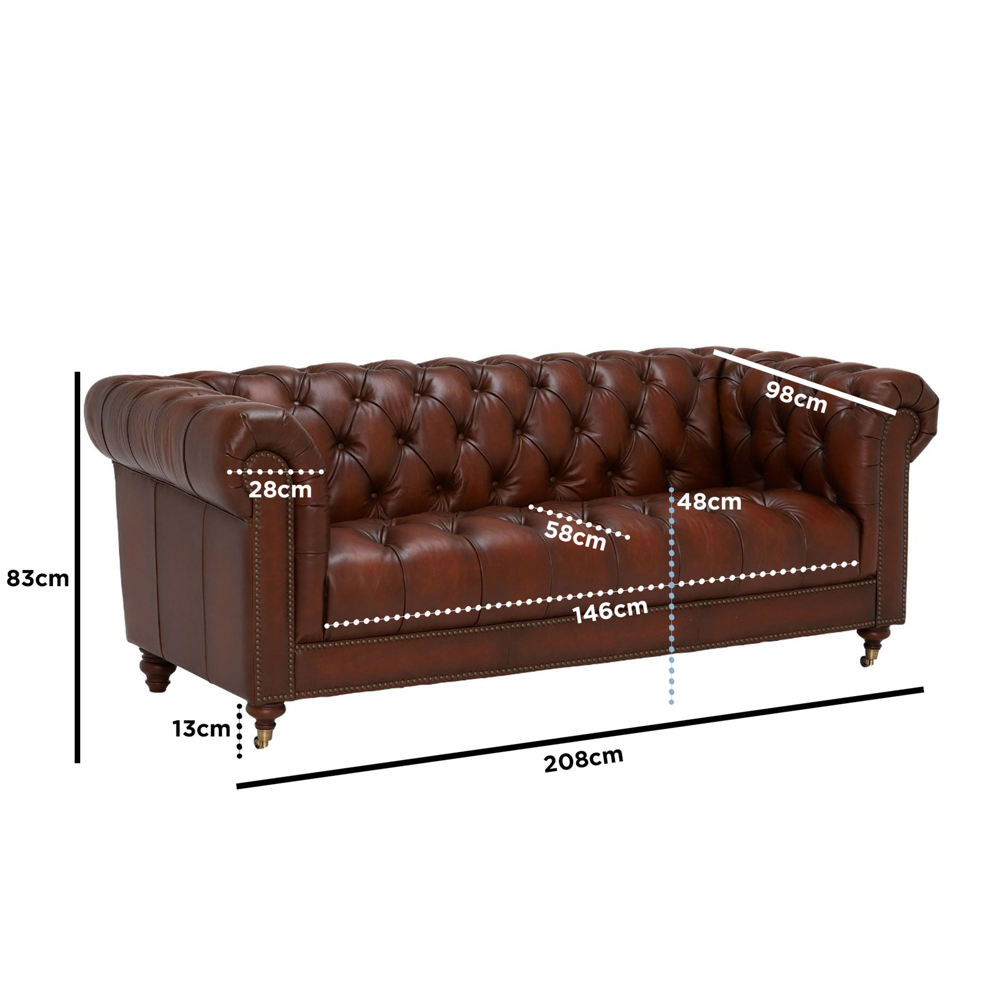 Ullswater Leather Chesterfield 3 Seater Sofa, Vintage Tabac Brown Body, Brass Studs