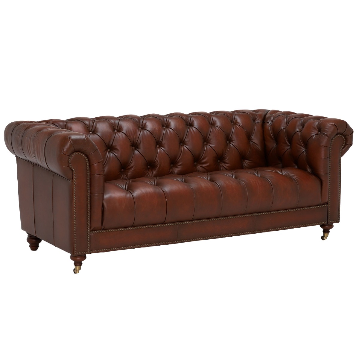 Ullswater Leather Chesterfield 3 Seater Sofa, Vintage Tabac Brown Body, Brass Studs