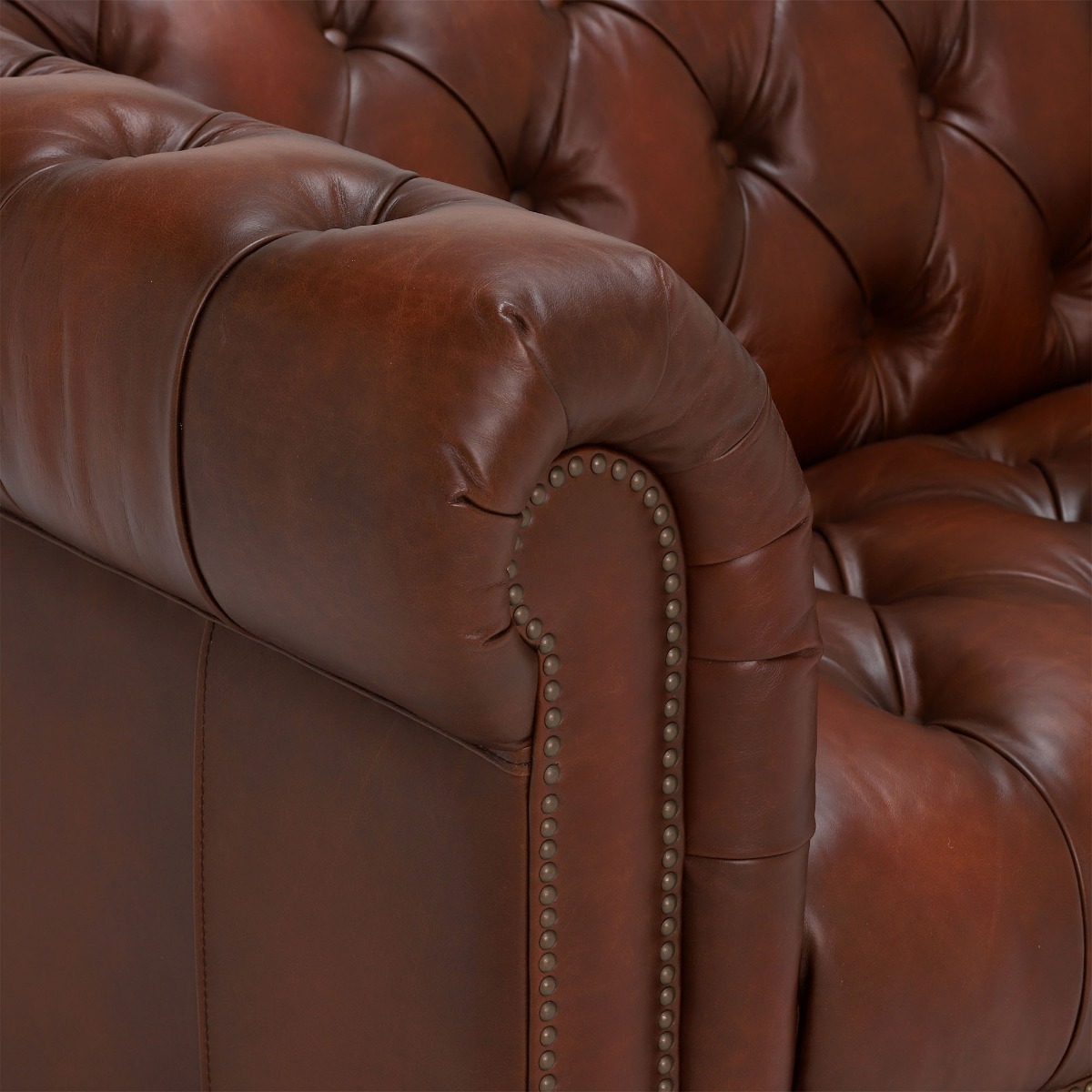 Ullswater Leather Chesterfield 3 Seater Sofa, Vintage Tabac Brown Body, Brass Studs
