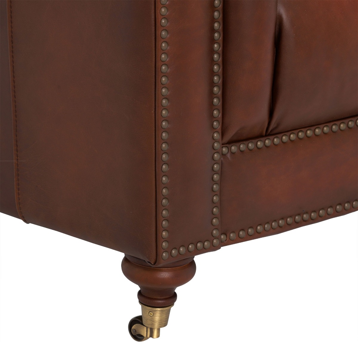 Ullswater Leather Chesterfield 3 Seater Sofa, Vintage Tabac Brown Body, Brass Studs