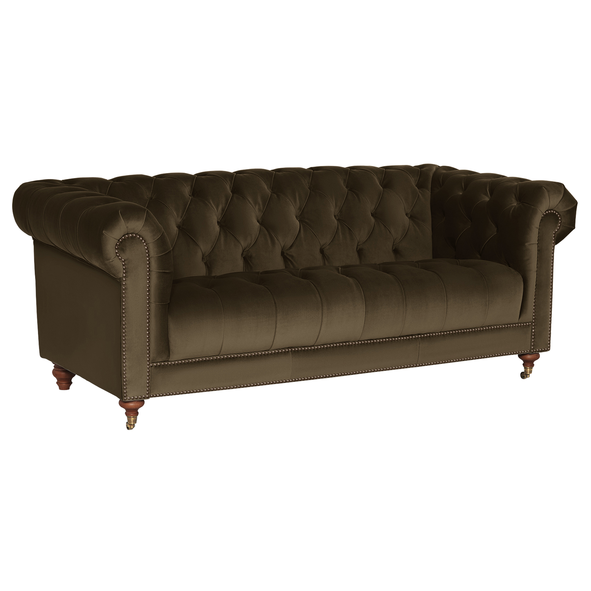 Ullswater Green Velvet Chesterfield 3 Seater Sofa, Aegean Olive Body, Brass Studs