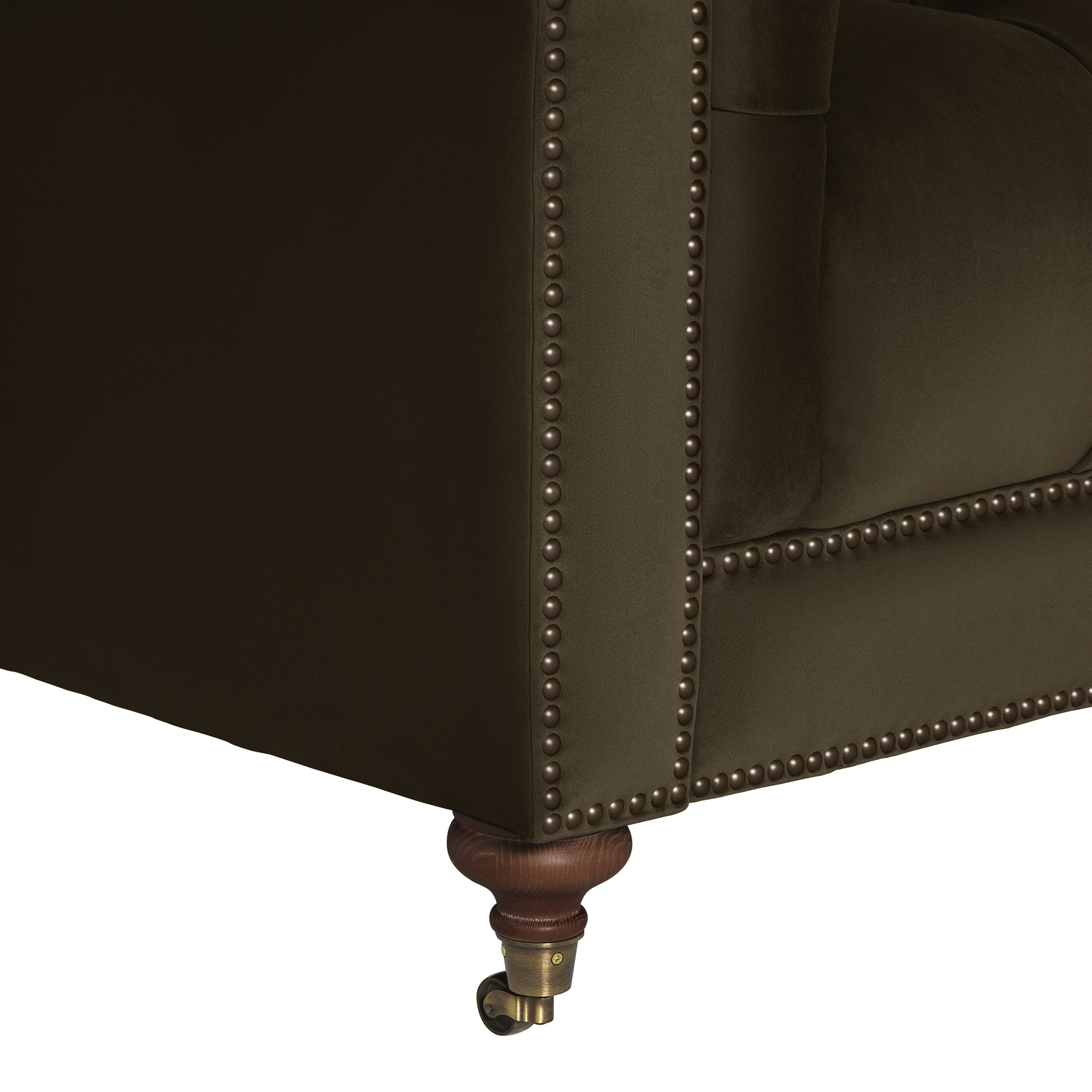 Ullswater Green Velvet Chesterfield 3 Seater Sofa, Aegean Olive Body, Brass Studs