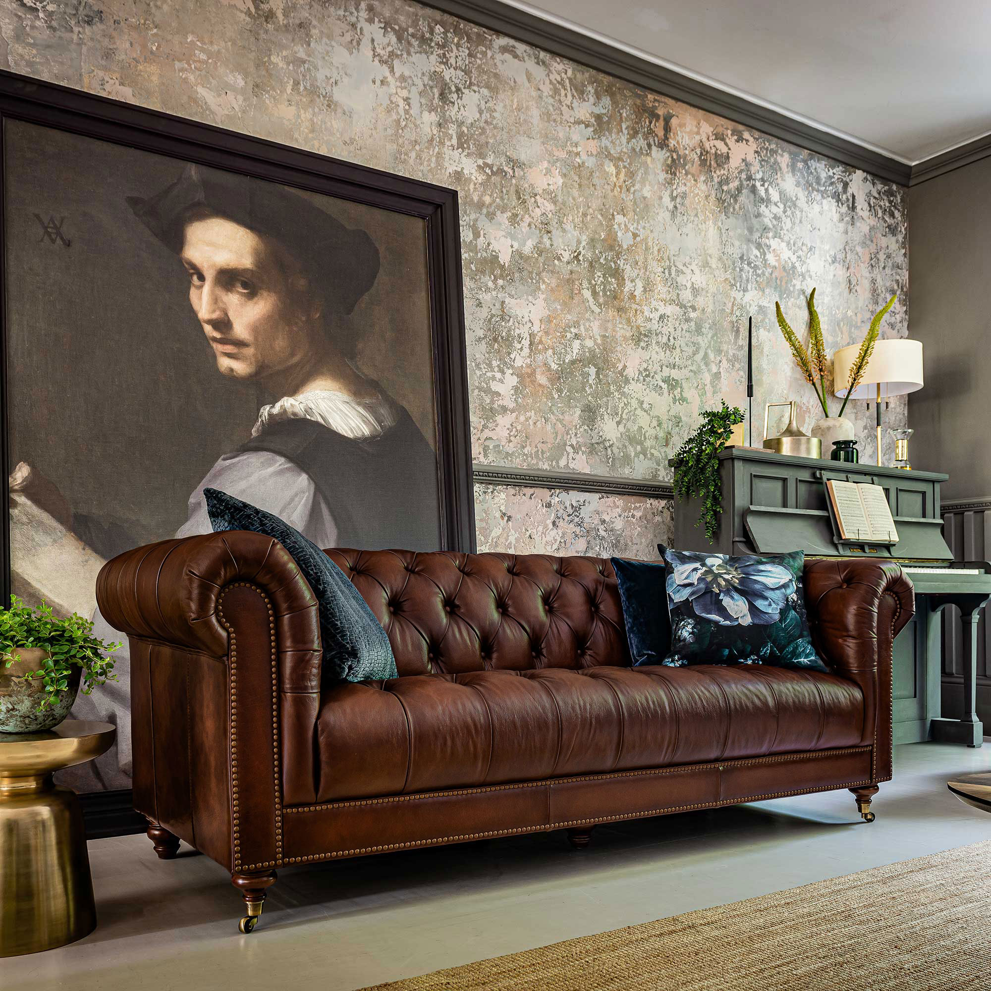 Ullswater Leather Chesterfield 4 Seater Sofa, Vintage Tabac Brown Body, Brass Studs