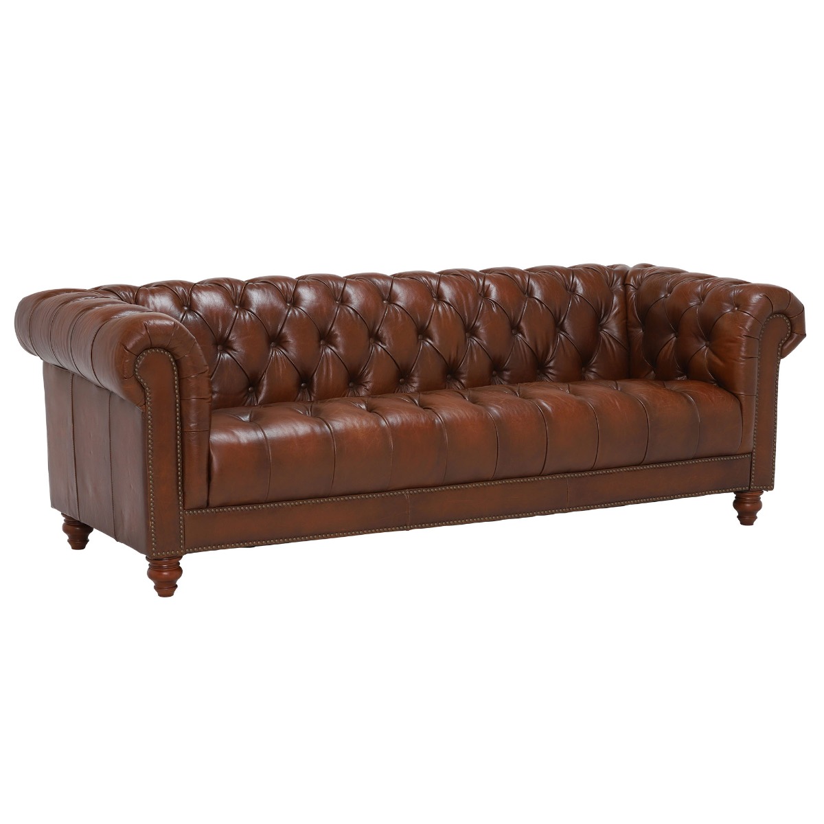 Ullswater Leather Chesterfield 4 Seater Sofa, Vintage Tabac Brown Body, Brass Studs