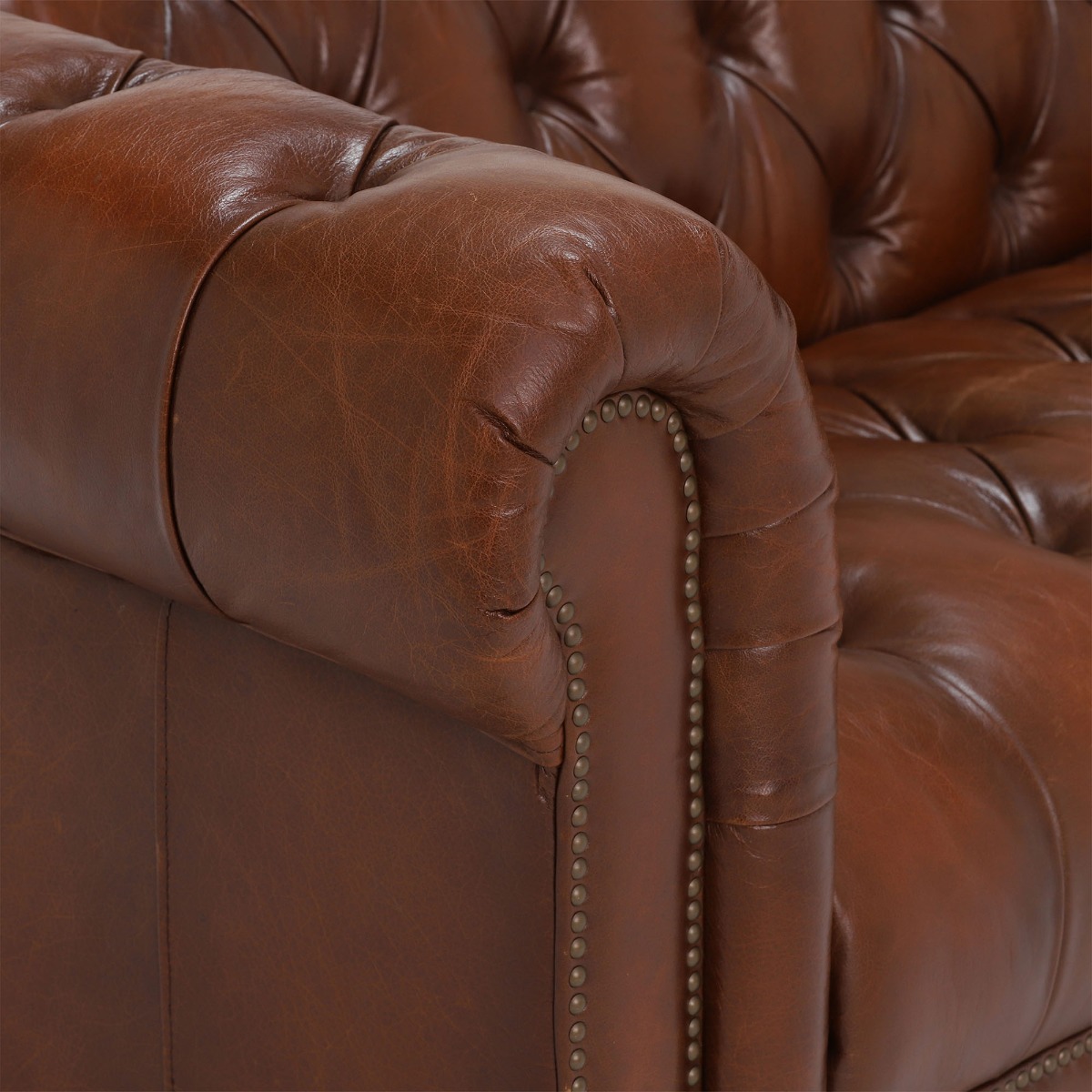 Ullswater Leather Chesterfield 4 Seater Sofa, Vintage Tabac Brown Body, Brass Studs