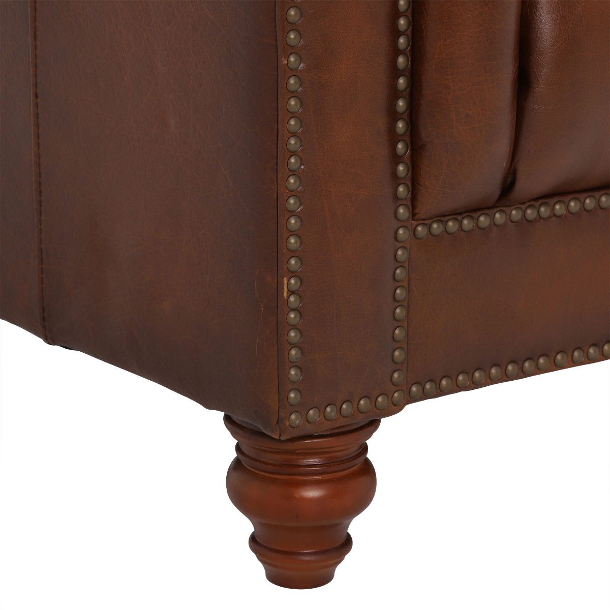Ullswater Leather Chesterfield 4 Seater Sofa, Vintage Tabac Brown Body, Brass Studs
