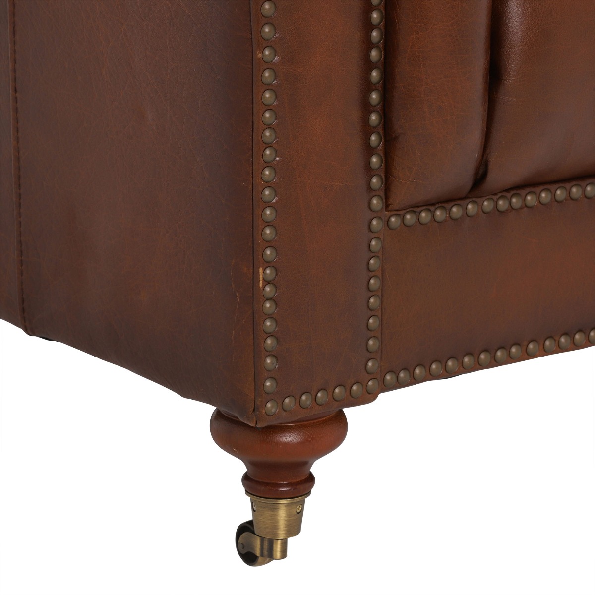 Ullswater Leather Chesterfield 4 Seater Sofa, Vintage Tabac Brown Body, Brass Studs
