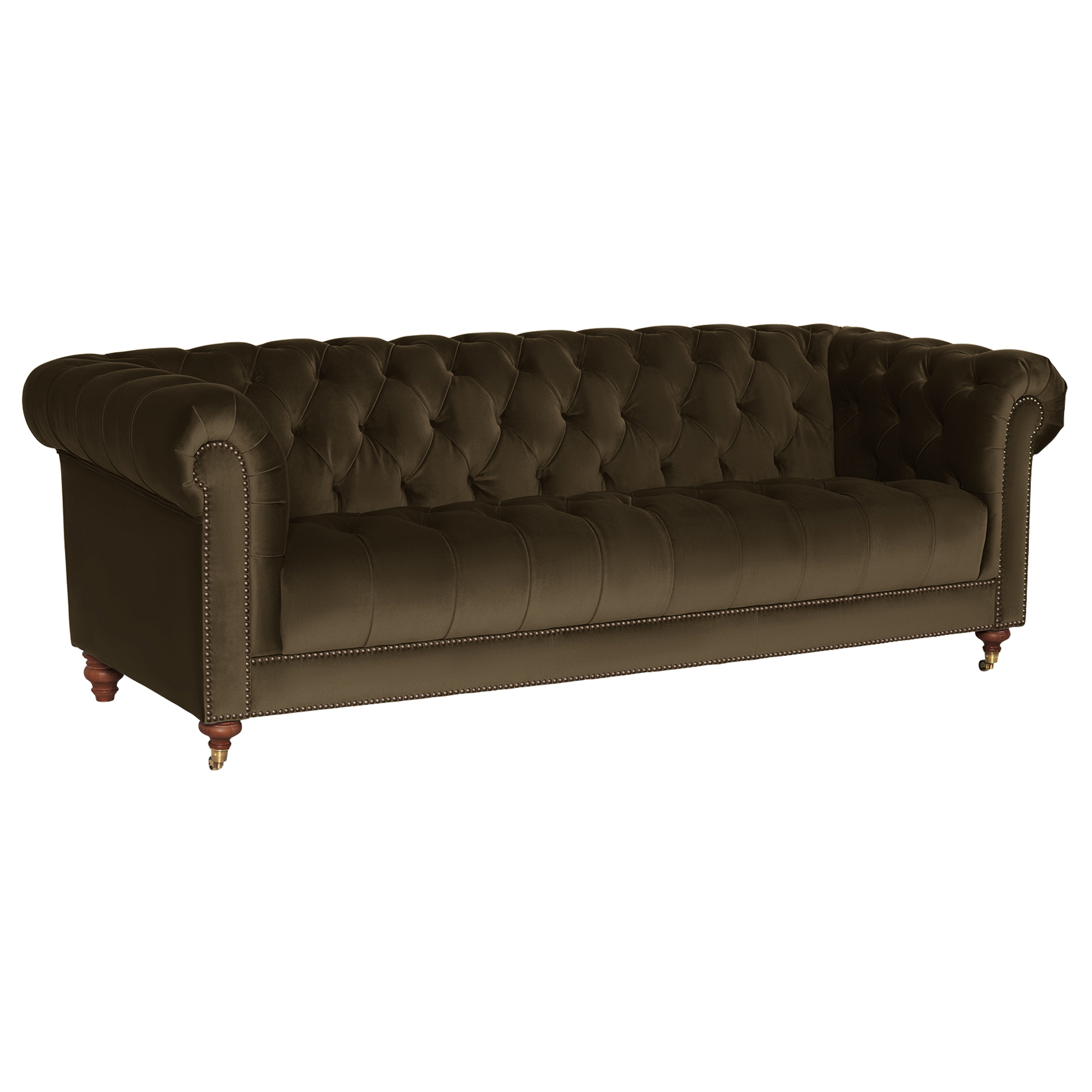 Ullswater Green Velvet Chesterfield 4 Seater Sofa, Aegean Olive Body, Brass Studs