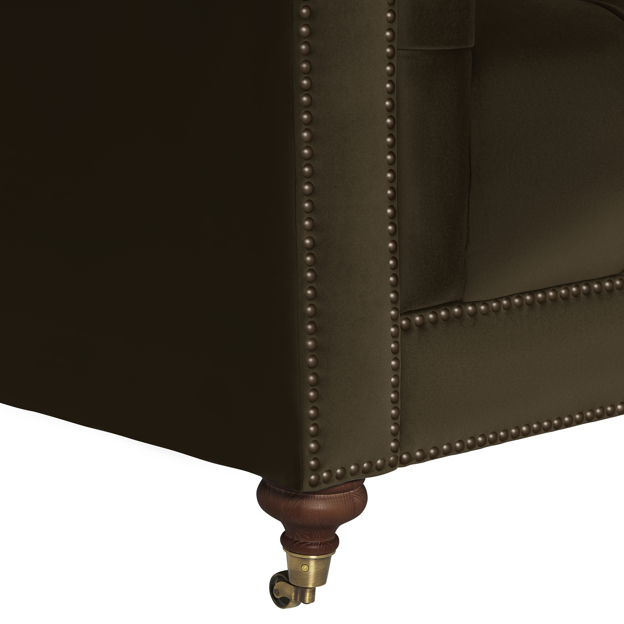 Ullswater Green Velvet Chesterfield 4 Seater Sofa, Aegean Olive Body, Brass Studs