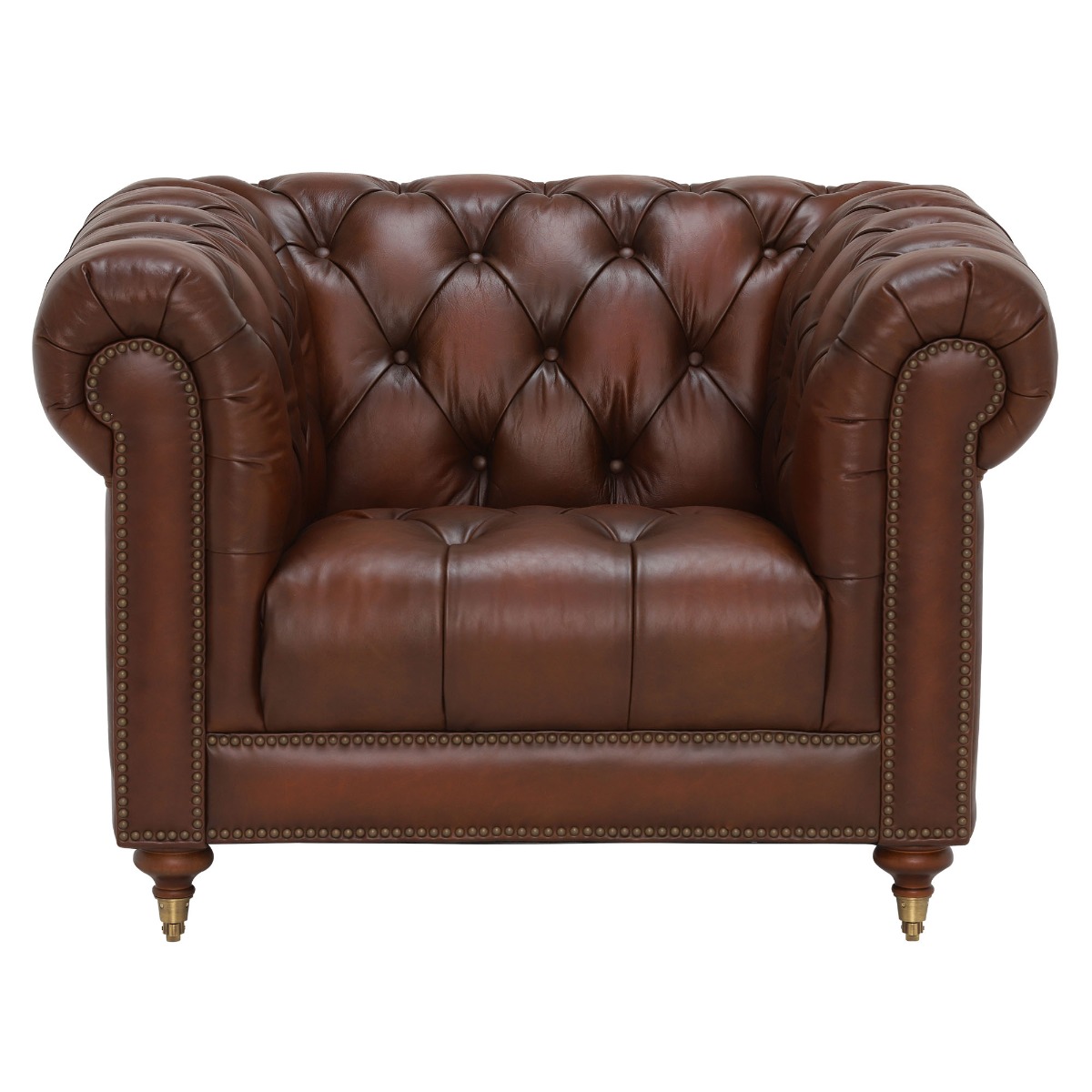 Ullswater Leather Chesterfield Armchair, Vintage Tabac Brown Body, Brass Studs