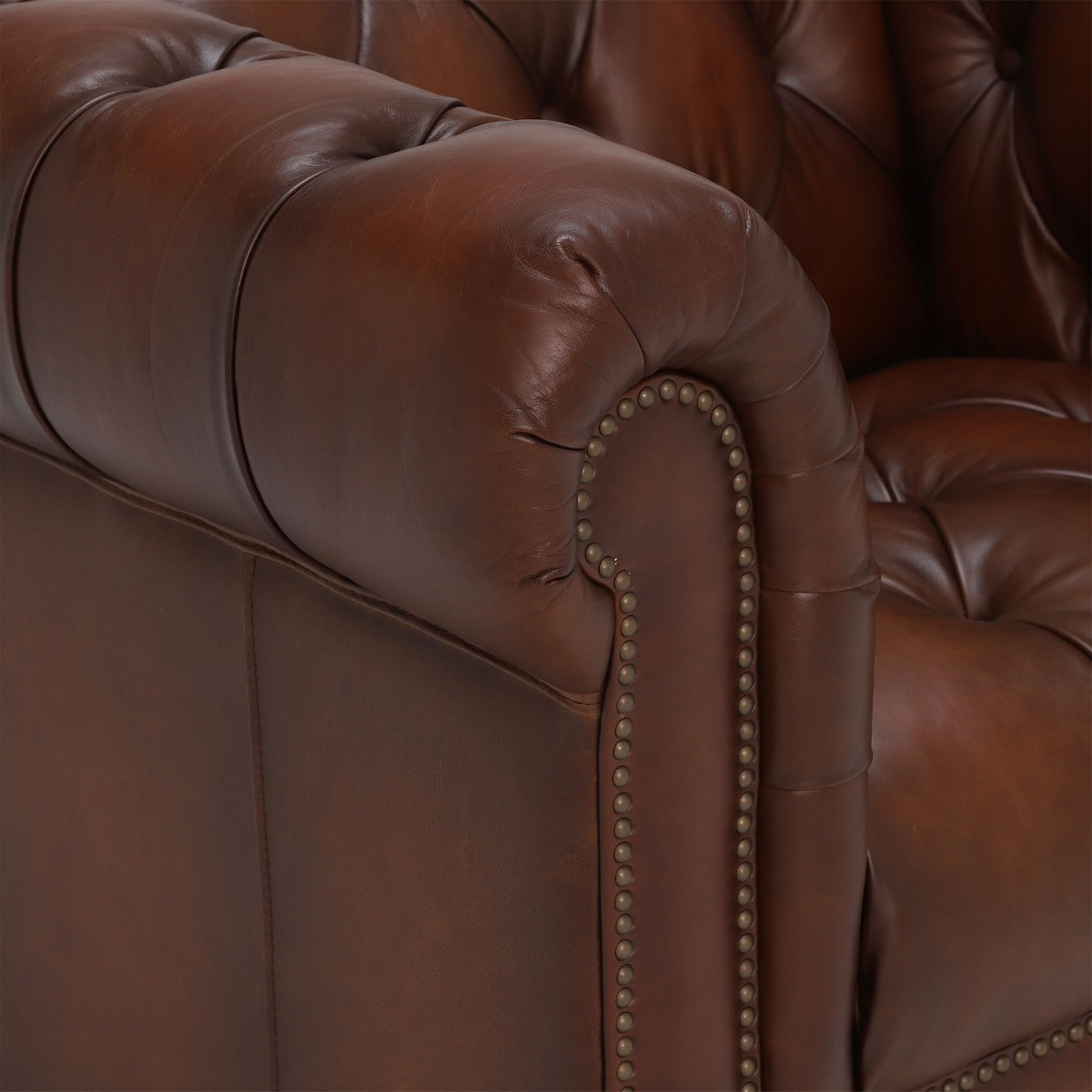 Ullswater Leather Chesterfield Armchair, Vintage Tabac Brown Body, Brass Studs