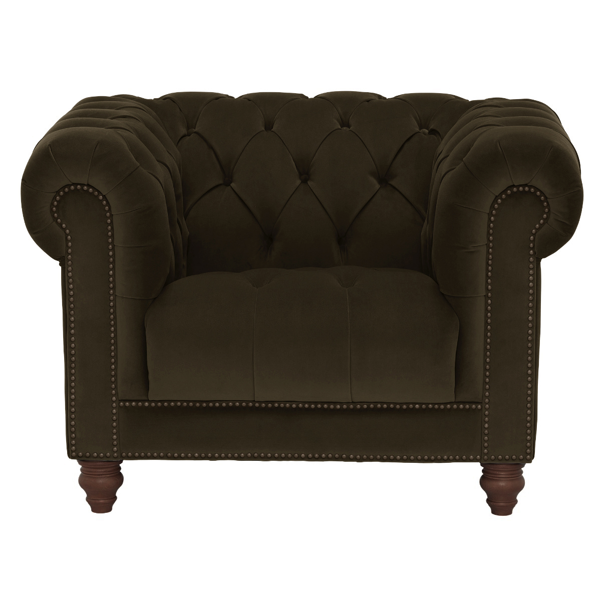 Ullswater Green Velvet Chesterfield Armchair, Aegean Olive Body, Brass Studs