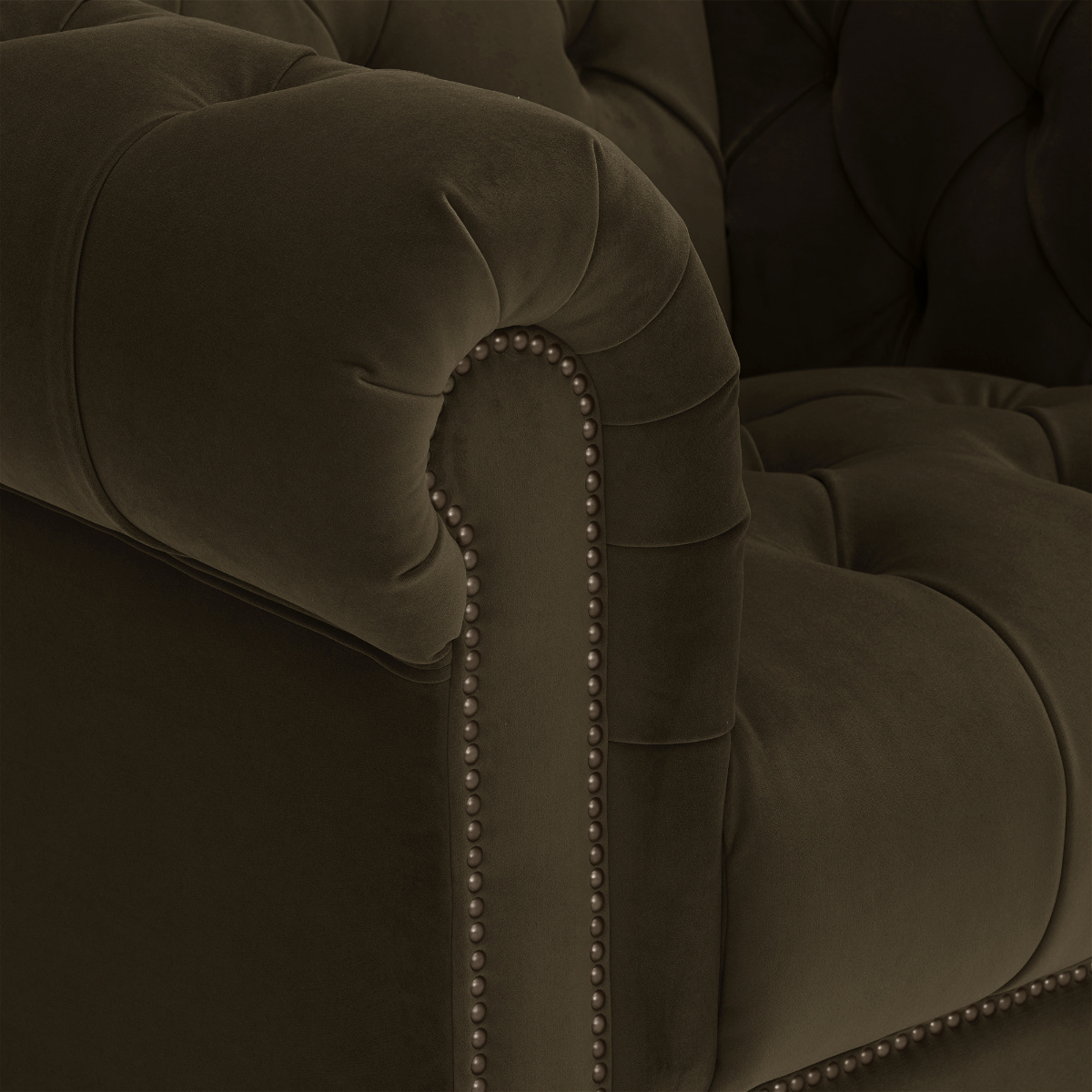 Ullswater Green Velvet Chesterfield Armchair, Aegean Olive Body, Brass Studs