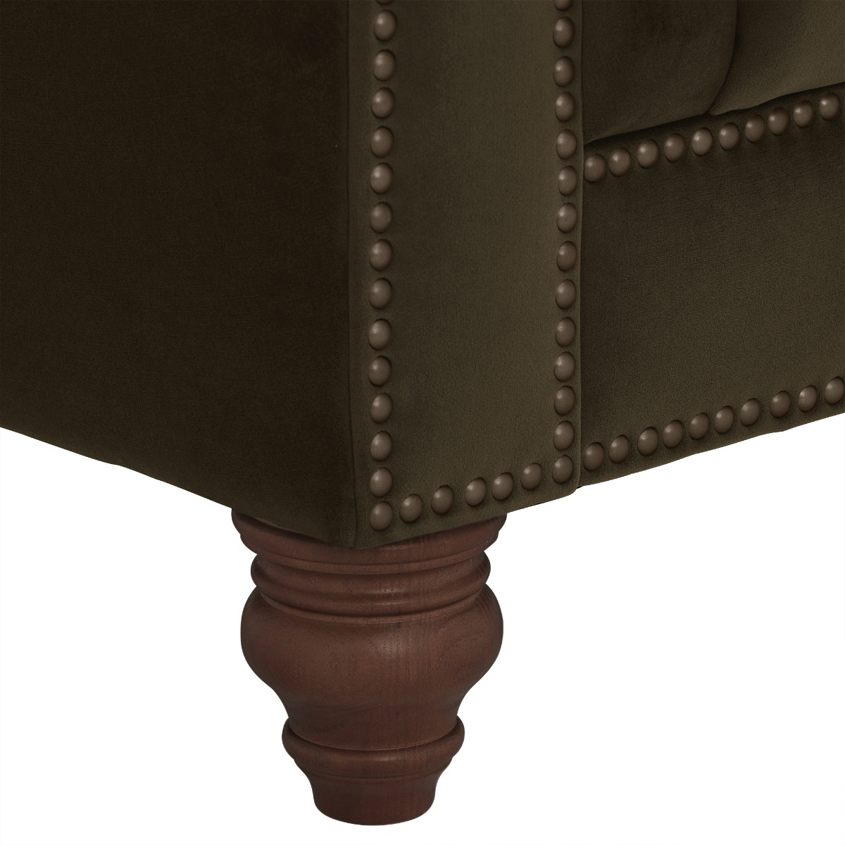 Ullswater Green Velvet Chesterfield Armchair, Aegean Olive Body, Brass Studs