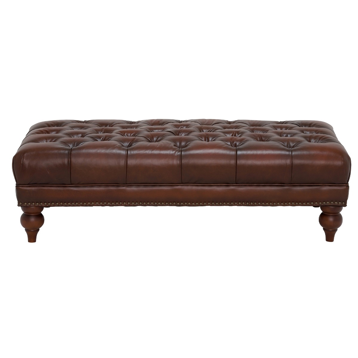 Ullswater Leather Buttoned Rectangular Footstool, Vintage Tabac Brown Body, Brass Studs