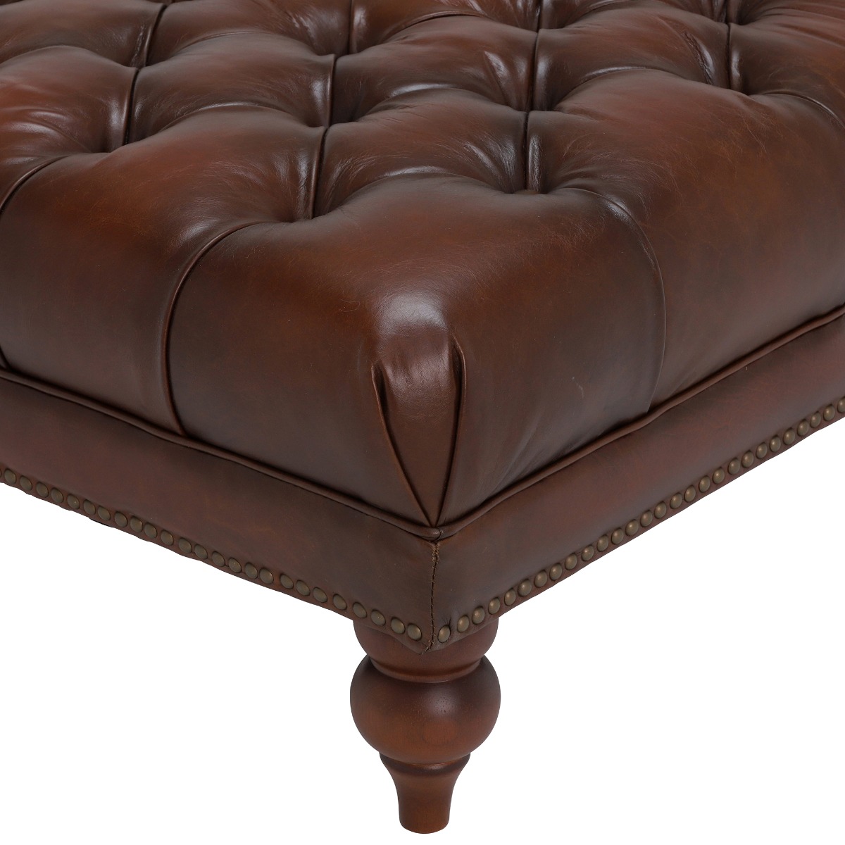 Ullswater Leather Buttoned Rectangular Footstool, Vintage Tabac Brown Body, Brass Studs