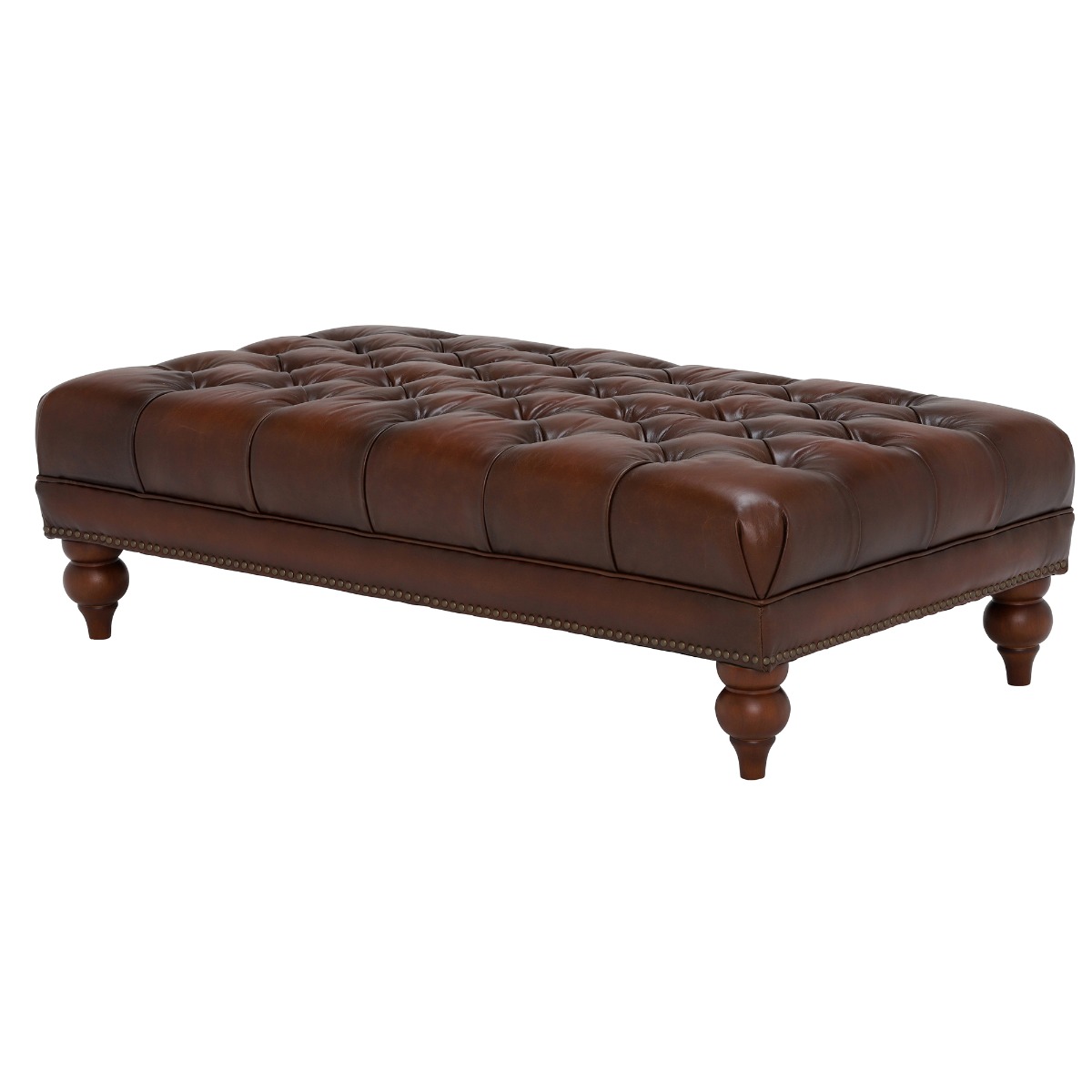 Ullswater Leather Buttoned Rectangular Footstool, Vintage Tabac Brown Body, Brass Studs