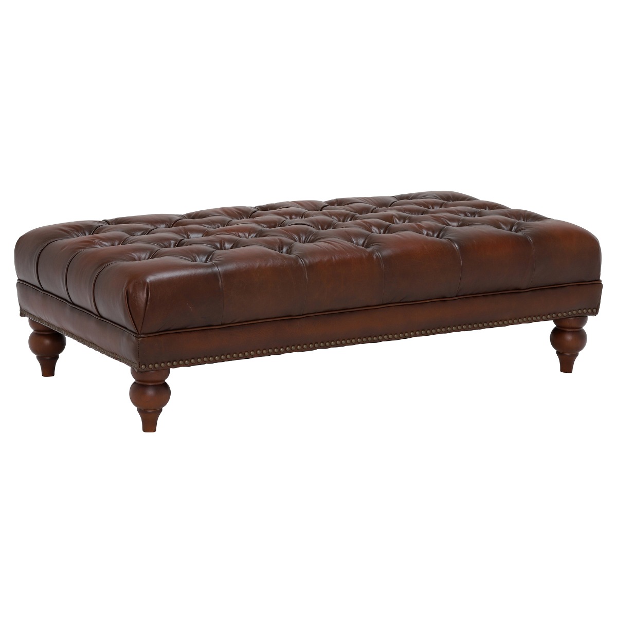 Ullswater Leather Buttoned Rectangular Footstool, Vintage Tabac Brown Body, Brass Studs