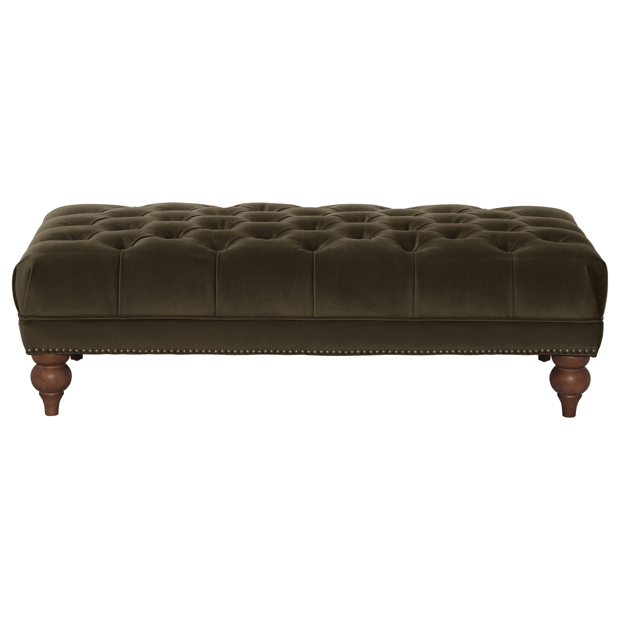 Ullswater Green Velvet Buttoned Rectangular Footstool, Aegean Olive Body, Brass Studs