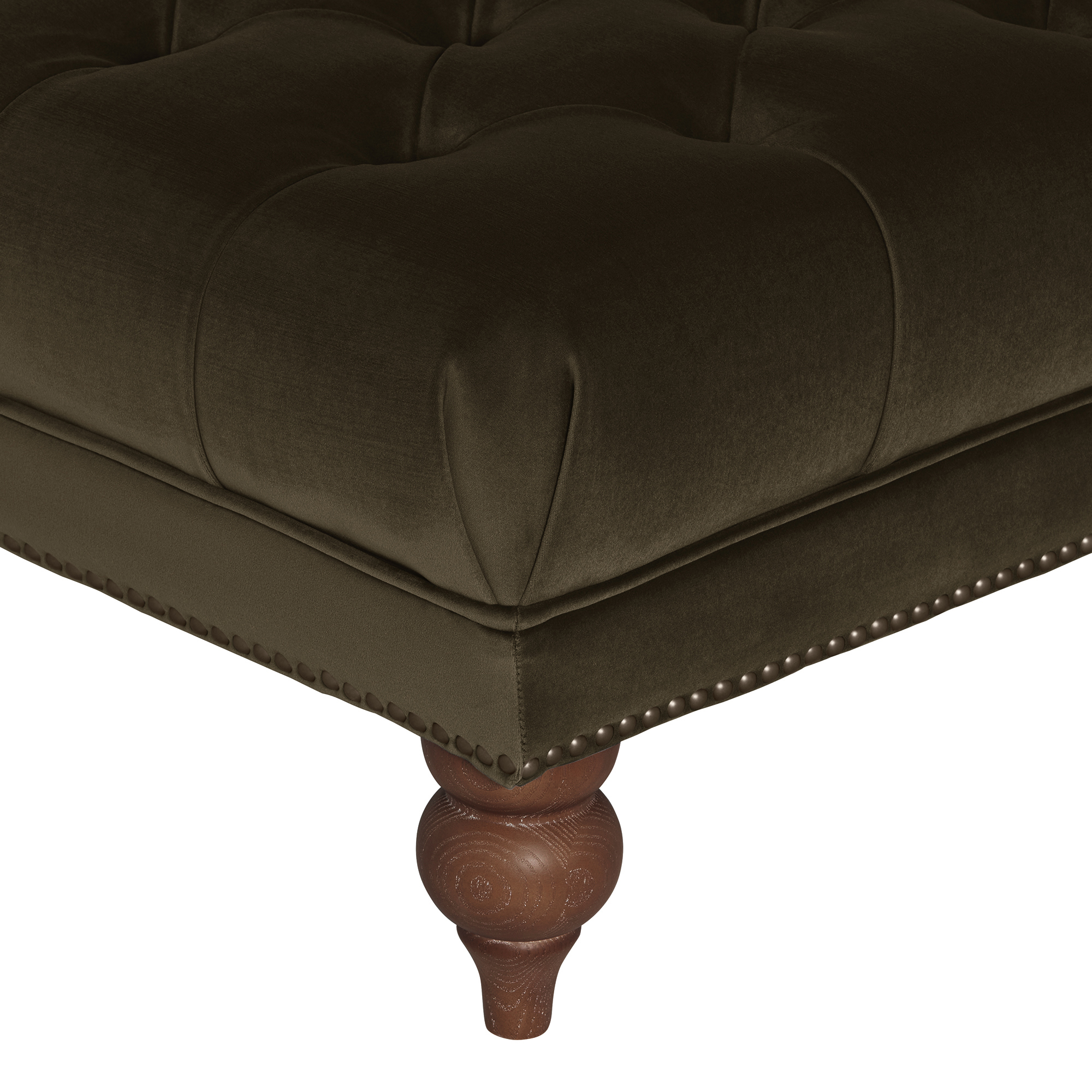 Ullswater Green Velvet Buttoned Rectangular Footstool, Aegean Olive Body, Brass Studs