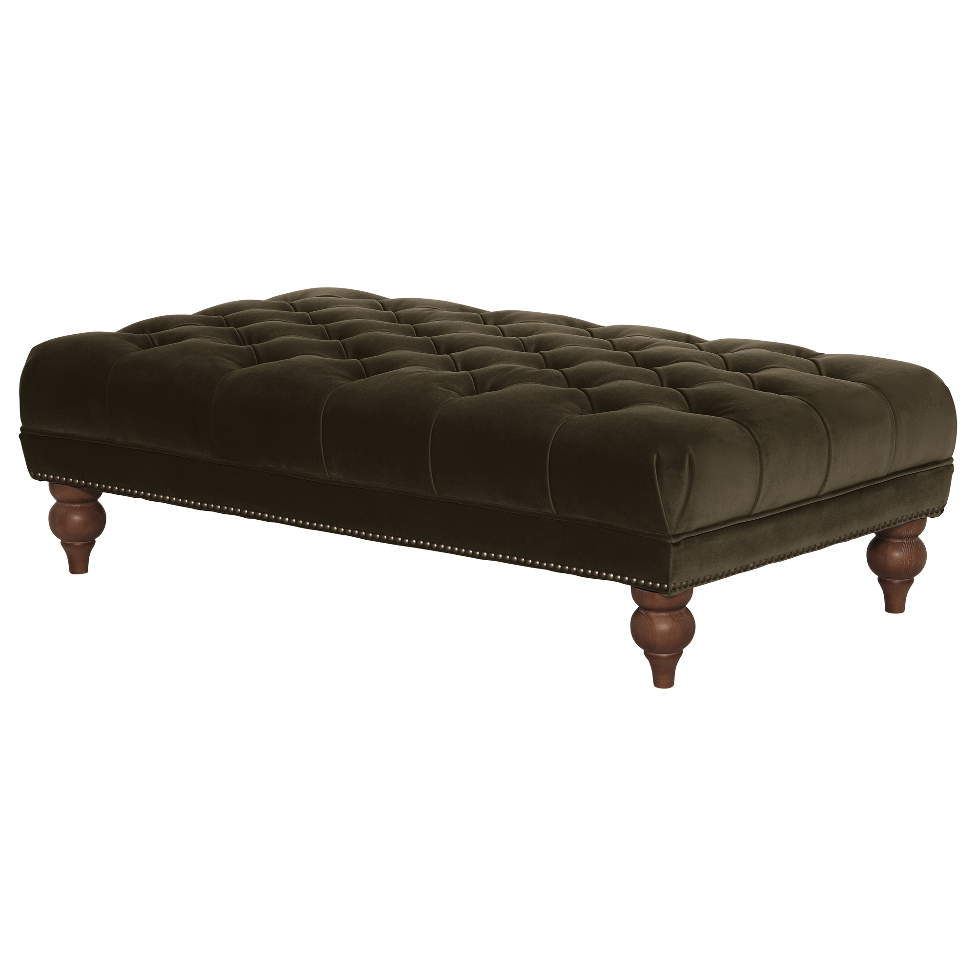 Ullswater Green Velvet Buttoned Rectangular Footstool, Aegean Olive Body, Brass Studs