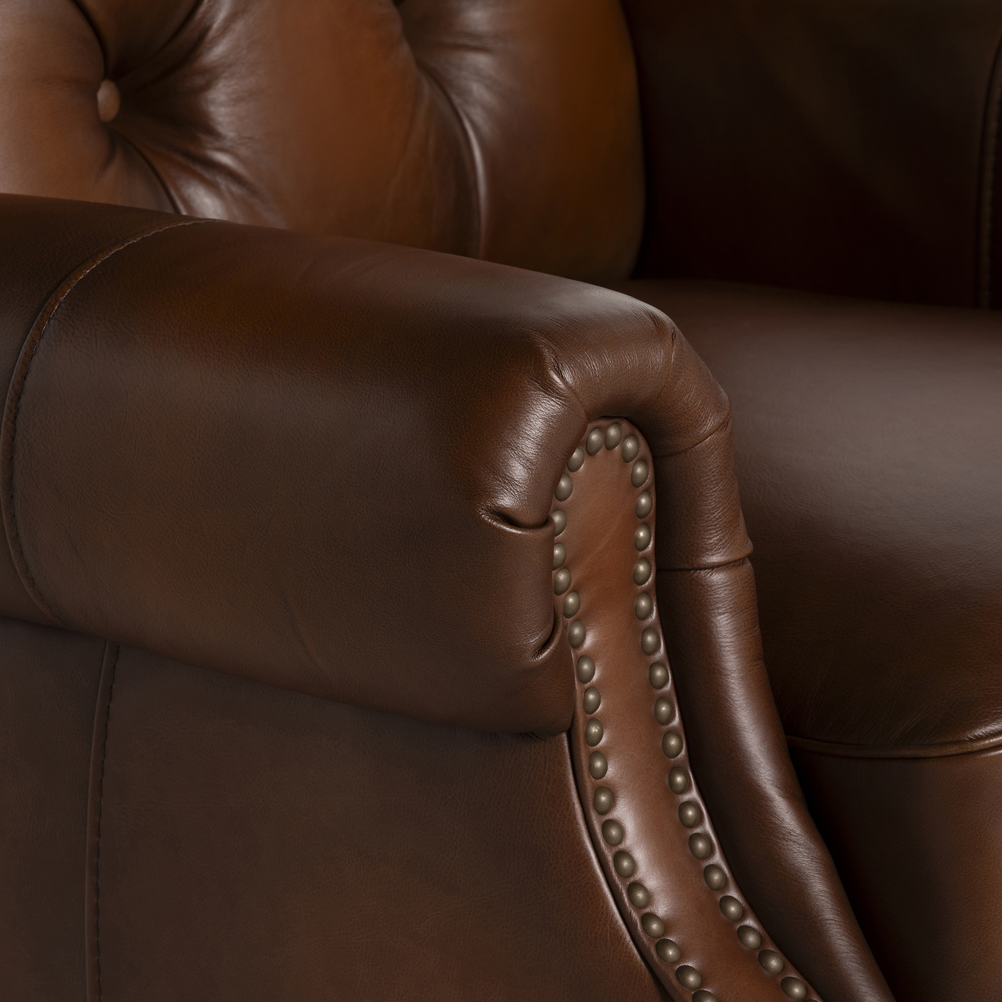 Ullswater Brown Leather Buttoned Armchair With Electric Reclining, Vintage Tobacco, Brass Studs, Mahogany Feet
