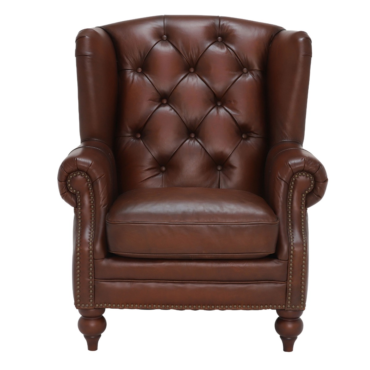 Ullswater Leather Buttoned Wing Chair, Vintage Tabac Body, Brass Studs