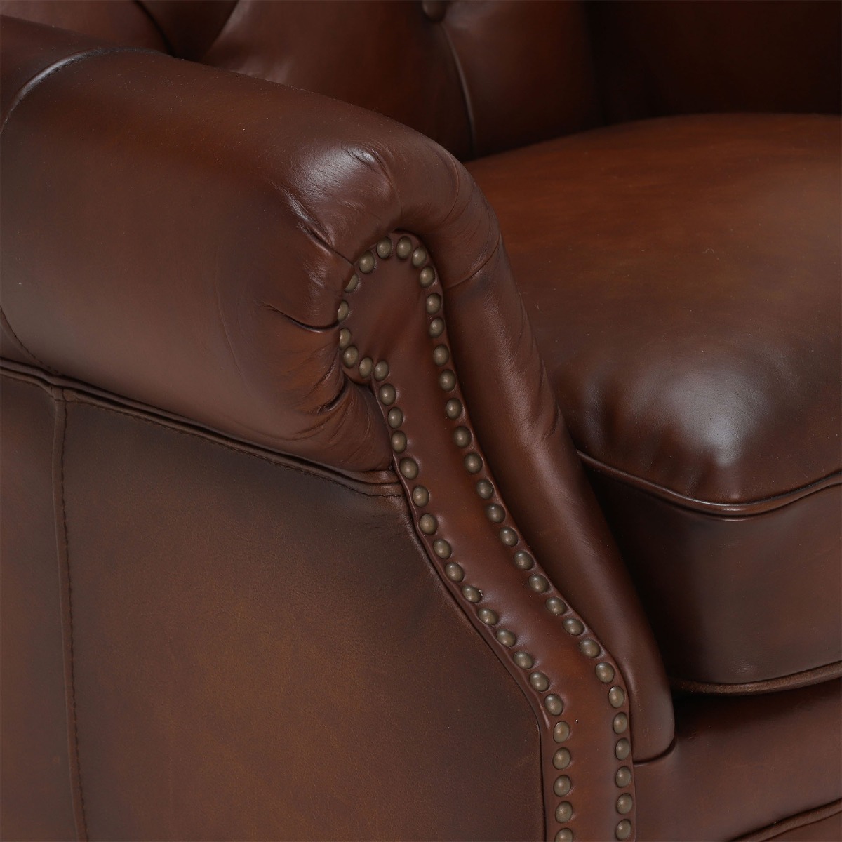 Ullswater Leather Buttoned Wing Chair, Vintage Tabac Body, Brass Studs
